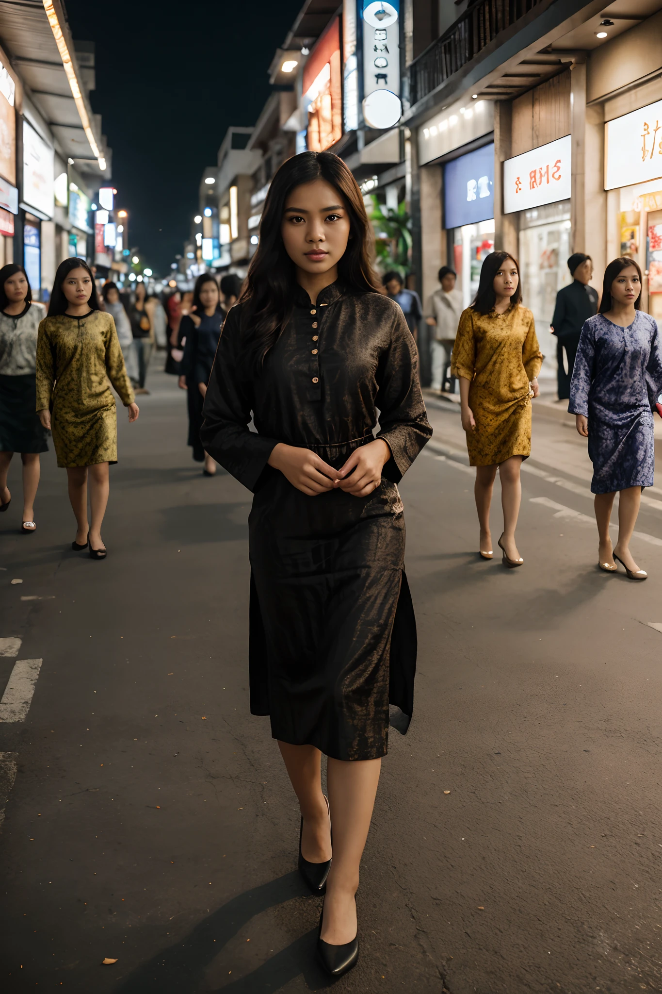 1girl, solo, RAW Photo, modelshoot style, Photograph of a young beautiful bright indonesian woman with black brown long hair flow in soft curl and ((warm skin)), focused, wear elegant indonesian (((batik dress))), black flatshoes, medium breast, face to the camera,  at  tunjungan street surabaya, night, cyberpunk style street, looking at viewer, best quality, masterpiece, uhd, ((photorealistic))