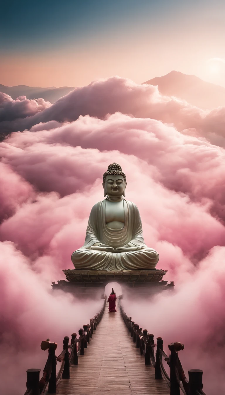 ((Masterpiece)),(Best quality)),China-style,In the sky, The clouds form a huge transparent glowing white jade Maitreya Buddha statue,Thick clouds,The sun shines,Pilgrims on the road,Hyper-realistic,Ultra photo realsisim,Pink,8K,High definition,high qulity,Works of masters,super-fine,(((OC renderer)))