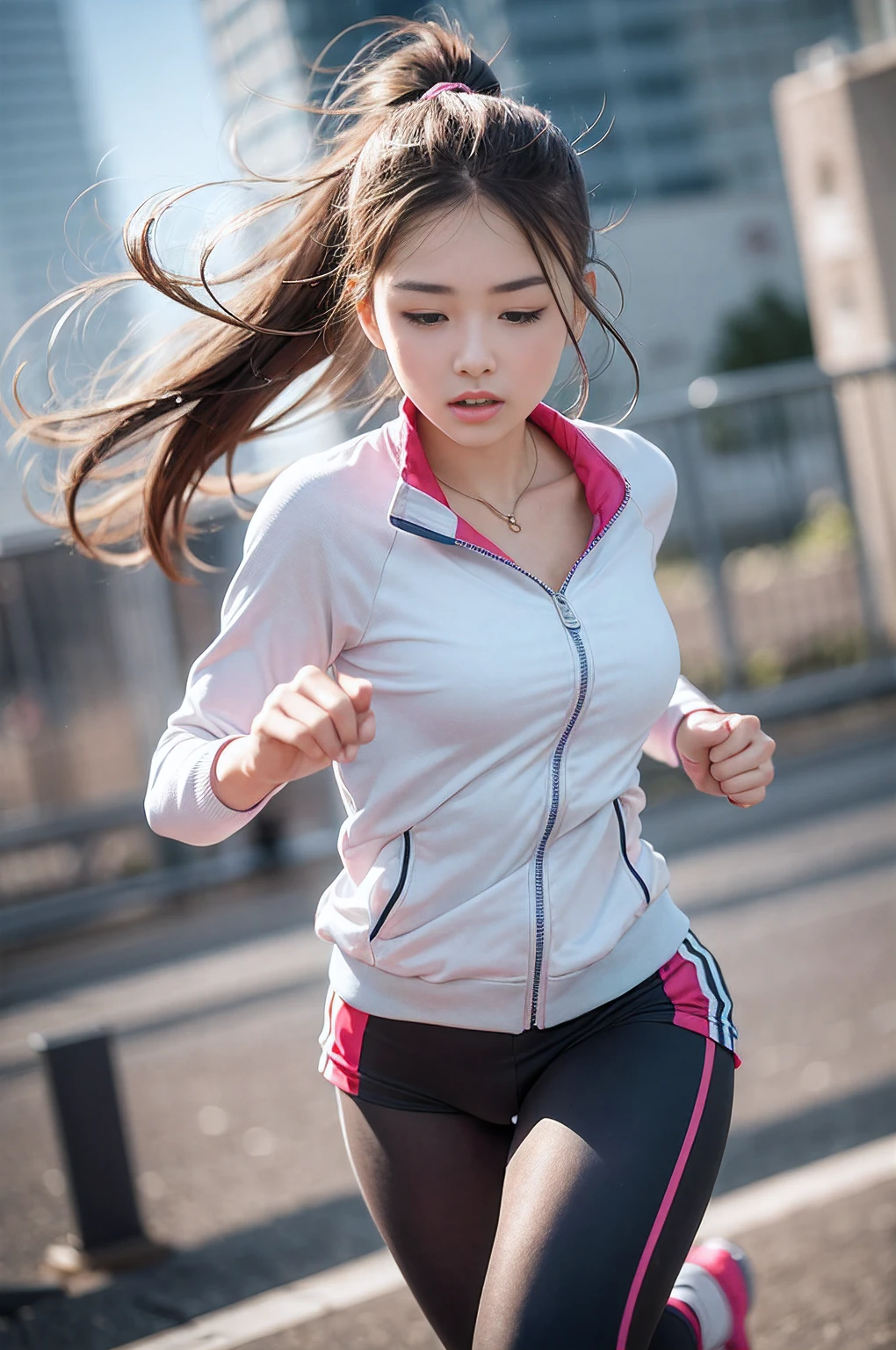 1 girl, solo, running, Gray Track Top, pink shorts, ponytail, athletic build, dynamic brushstrokes, fluid movement, capturing the essence of her athleticism and energy, using light colors and soft tones to create a dreamy and ethereal atmosphere, portraying the motion and grace of running, showing the wind blowing her ponytail and clothes, and the scenery of her surroundings.

outdoors, detailed background, Modern metropolis,