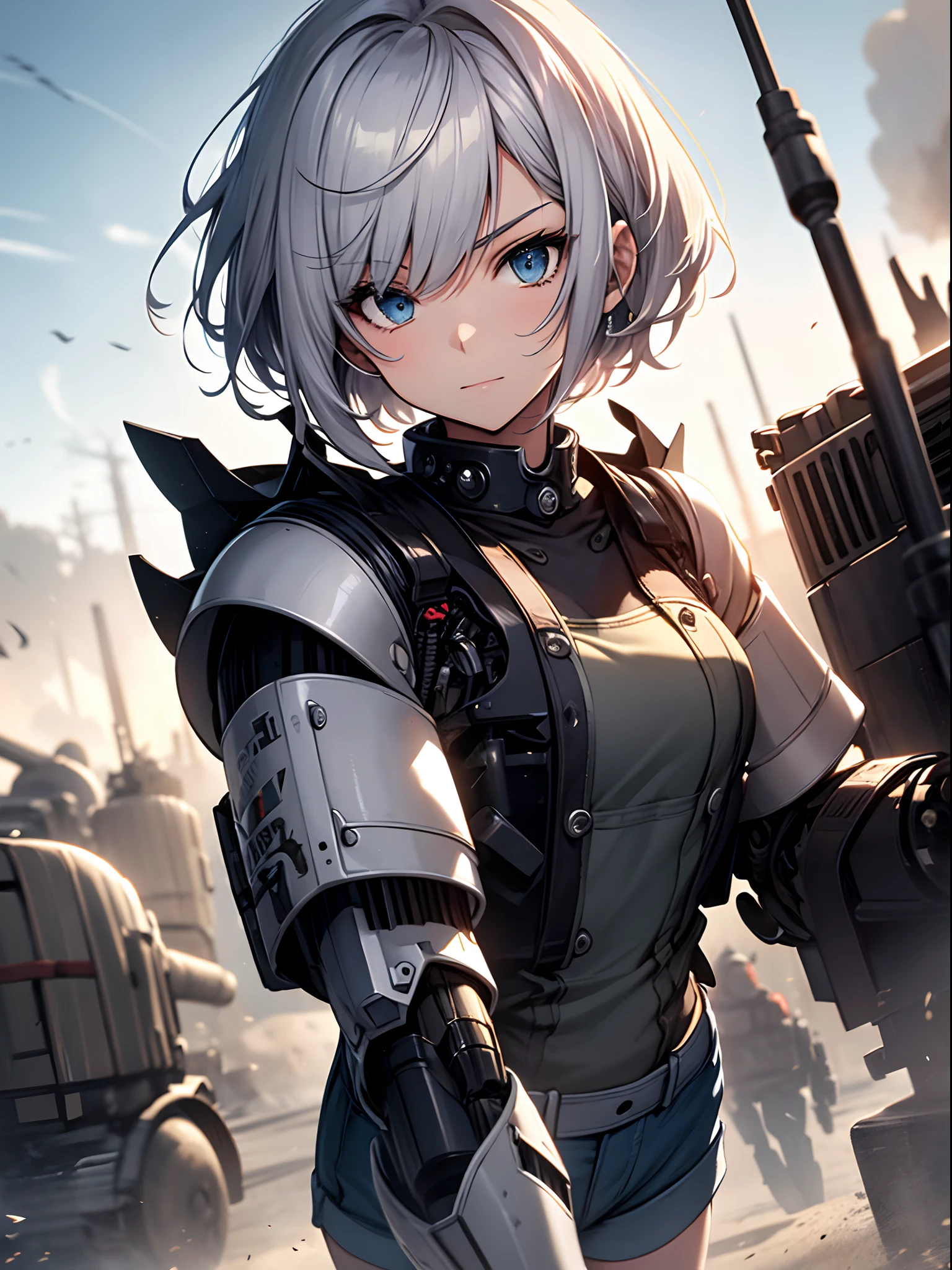 Girl with short-cut silver hair, Confident expression, tank top, overall shorts, Based on metallic blue mechanical armor parts, Reinforced arm with Gatling gun, Wilderness battlefields, single horsemen, soaring dust,