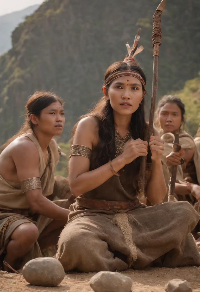 A group of people sat on the hill,The background is a mountain, Asian primitives who eat grilled meat, Wearing a wolf-head hat,The clothes are decorated with shell gemstones, Ancient tribes, stone age rave in a cave, an epic depiction of, Accurate depiction,, Historical and artistic depictions, tribe members attacking, Cave man family,bow and arrows,stone knife,Stone axe