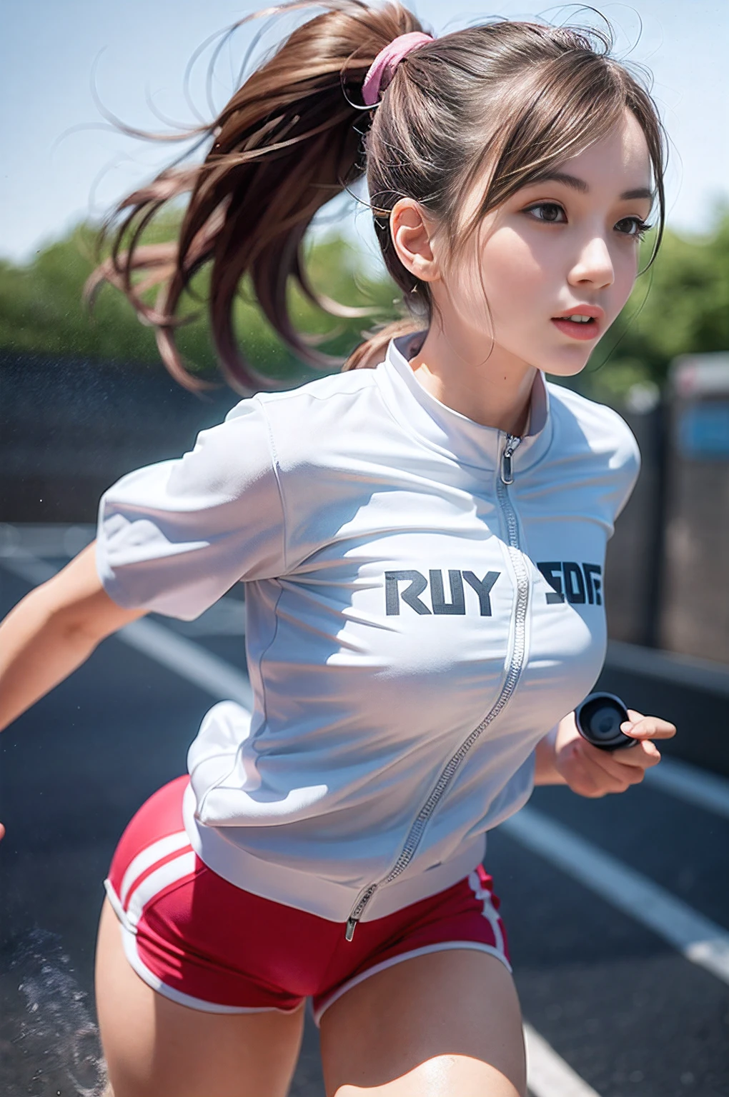 1 girl, solo, running, Gray Track Top, pink shorts, ponytail, athletic build, dynamic brushstrokes, fluid movement, capturing the essence of her athleticism and energy, using light colors and soft tones to create a dreamy and ethereal atmosphere, portraying the motion and grace of running, showing the wind blowing her ponytail and clothes, and the scenery of her surroundings.

outdoors, detailed background, Modern metropolis,