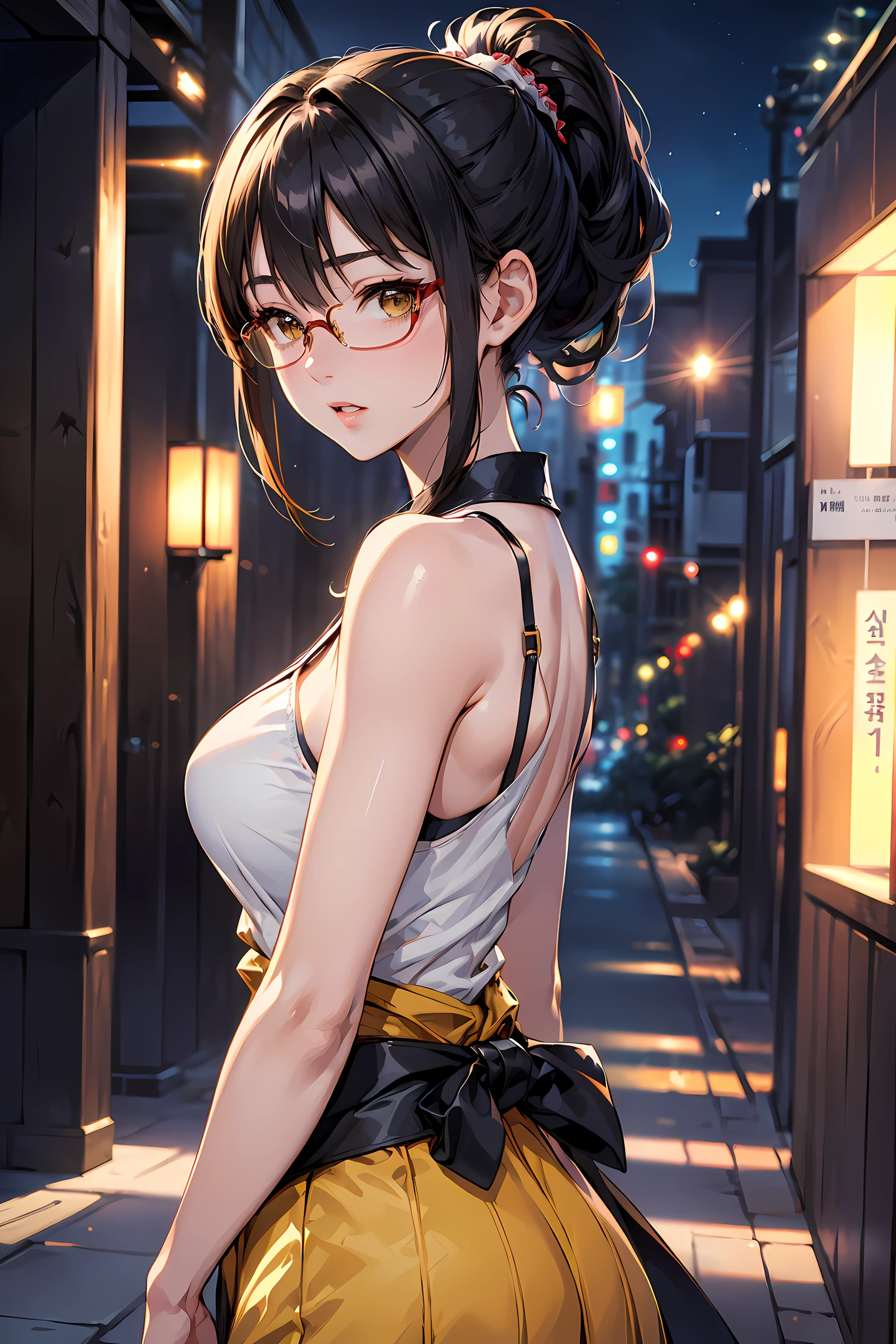 (1glasses girl:1.3, solo), (Audrey Hepburn:1.3), (a extremely pretty and beautiful Japanese woman), (sexy girl), (professional attire:1.3), (22 years old: 1.1), (walking on red carpet:1.3), (attractive random posing:1.3), (in the night royal party:1.3), (looking straight at you:1.3), (starring at you:1.3), (front view:1.3), (from side:1.3), break, (ponytail:1.3), (shiny-black thin hair:1.2), bangs, dark brown eyes, beautiful eyes, princess eyes, (big eyes:1.3), bangs, wearing a glasses:1.3, Hair between eyes, short hair:1.3, (slender:1.1), (small-medium-breasts:0.95), (thin waist: 1.15), (detailed beautiful girl: 1.4), Parted lips, Red lips, full-make-up face, (shiny skin), ((Perfect Female Body)), (upper body image:1.3), Perfect Anatomy, Perfect Proportions, (most beautiful Korean actress face:1.3, extremely cute and beautiful Japanese actress face:1.3), BREAK, (View viewer, wearing a lovely bitch cordinate, (insanely detailed yellow camisole dress:1.3), (white sleeveless top:1.3), (pin-heels:1.3), detailed clothes, BREAK, (detailed royal night party background:1.2), (dark background), (Studio soft lighting: 1.3), (fake lights: 1.3), (backlight: 1.3), BREAK, (Realistic, Photorealistic: 1.37), (Masterpiece, Best Quality: 1.2), (Ultra High Resolution: 1.2), (RAW Photo: 1.2), (Sharp Focus: 1.3), (Face Focus: 1.2), (Ultra Detailed CG Unified 8k Wallpaper: 1.2), (Beautiful Skin: 1.2), (pale Skin: 1.3), (Hyper Sharp Focus: 1.5), (Ultra Sharp Focus: 1.5), (Beautiful pretty face: 1.3), (super detailed background, detail background: 1.3), Ultra Realistic Photo, Hyper Sharp Image, Hyper Detail Image,