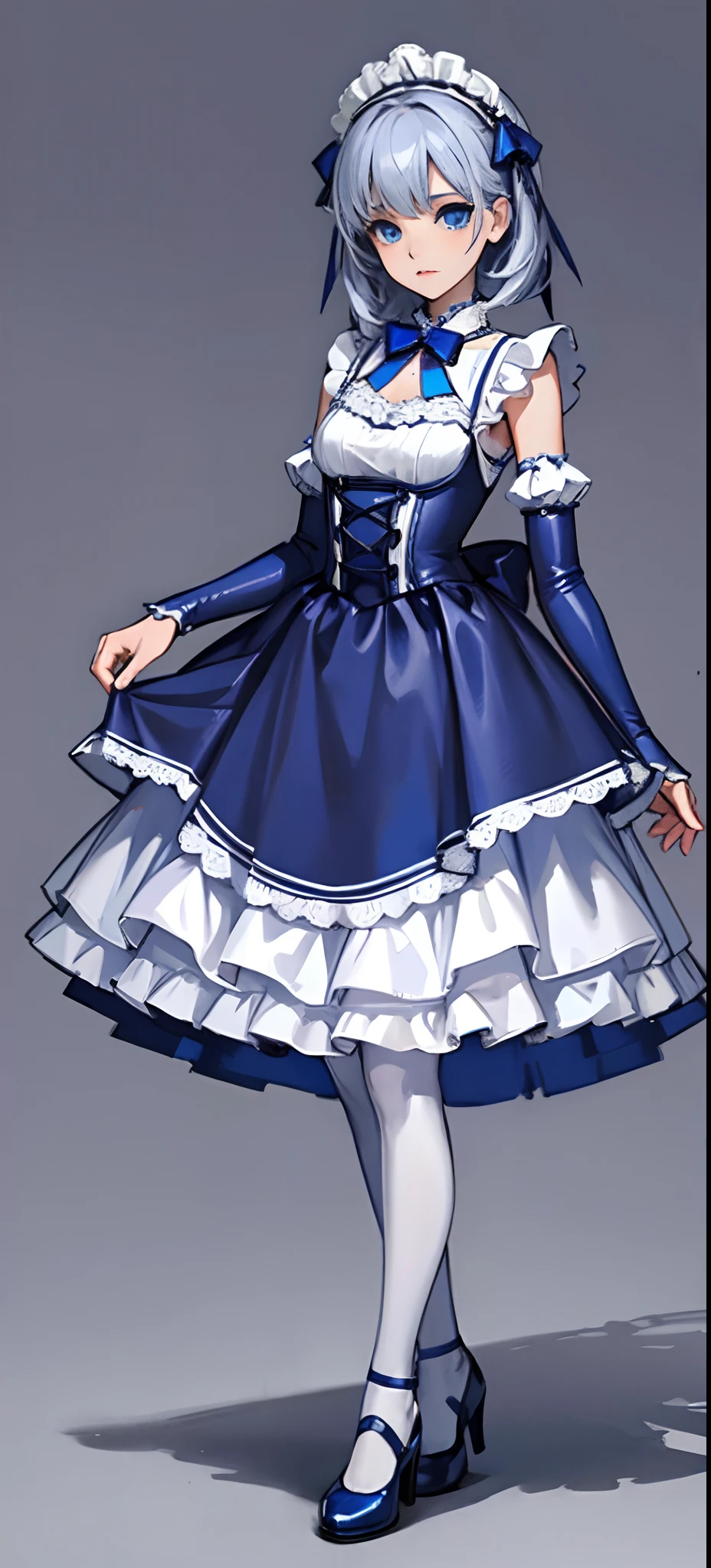Beauty all over the body,Blue and white Lolita cos evening dress,Harnes,Lace,Stand head-on,leather shoes,greybackground