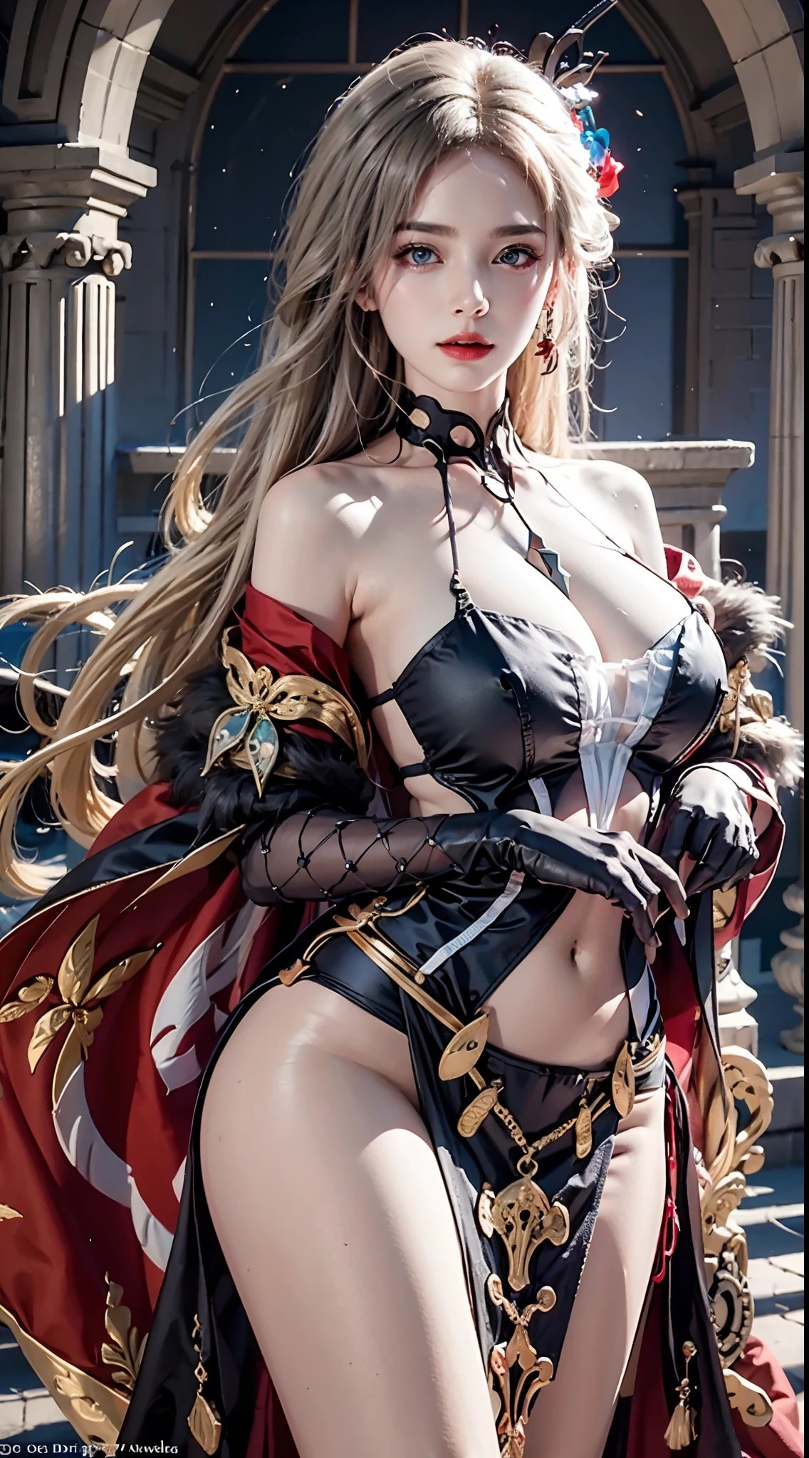 photography awards, masterpiece, photorealistic, high resolution, soft light, signora \\(genshin impact\\) , large breasts, long hair, mature female, one eye covered, jewelry, mask, black gloves, elbow gloves, fur trim, dress, coat, BLONDE HAIR, LONG HAIR,EYEPATCH, MASK,BLUE EYES,DRESS,FUR TRIM, HUGE BREASTS, BARE SHOULDERS, NAVEL, CLEAVAGE