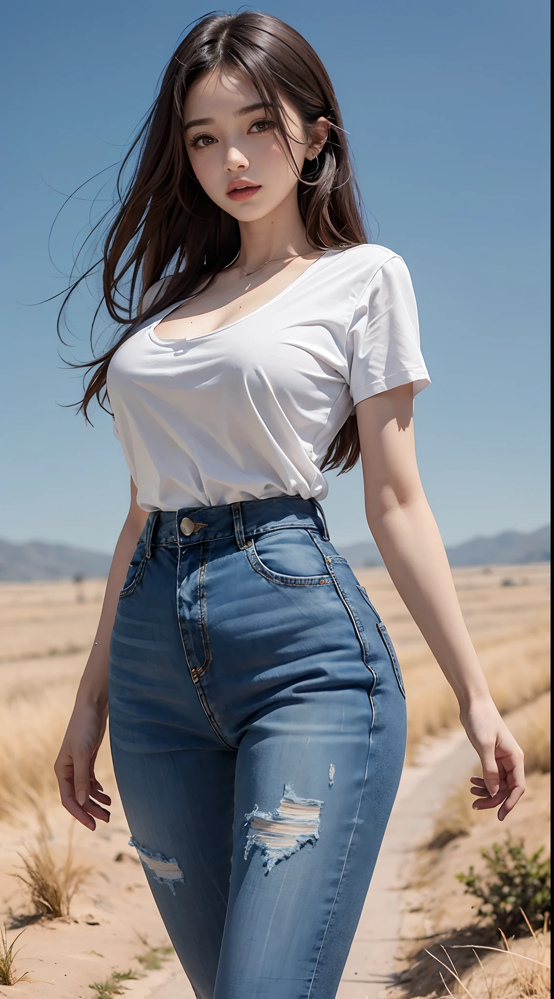 A woman who is,denim pant,In the steppe,It's beautiful,Bigchest