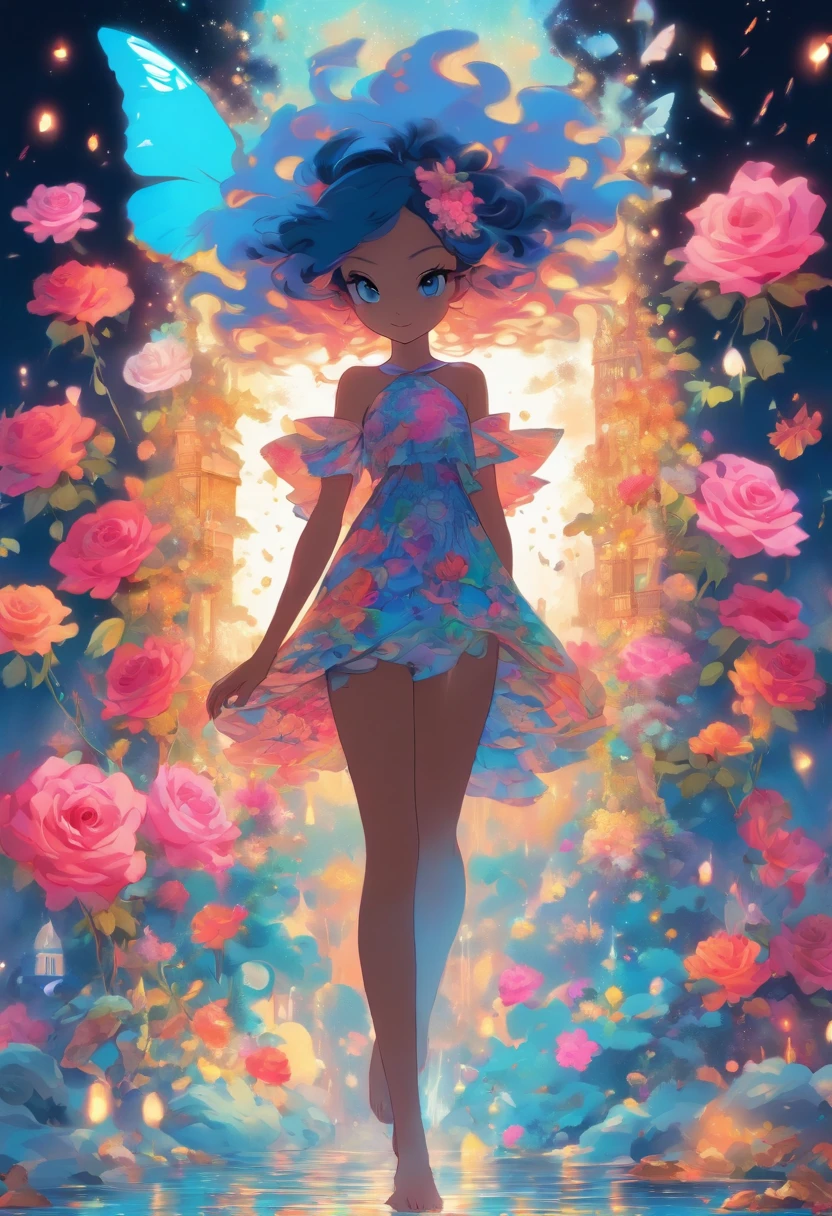 full body portrait front view, negative tarot white background, hyperdetailed intricate colorful rose graffiti silhouette vector background, sunshine, natural light, very strong front light, masterpiece best quality hyperdetailed ultra realistic colorful flat color pastel mix 2.5D 1 anime cute tall very skinny beautiful girl, hyperdetailed intricate flat color flying fluffy symmetrical glamorous red and pink short hair, white stocking, colorful flat color symmetrical fairy wings, butterfly hair ornament, flower hair ornament, sandal, locket, walking, masterpiece best quality hyperdetailed colorful white cotton cocktail long dress, blue sea water splash in circle at feet, sunshine on face, head light, front light, windy, album cover art, clean art, colorful, symmetrical, 2D vector art, 2D illustration art, flat color art, 128K resolution, glamorous, digital art, digital painting, colorful ink illustration, hyperdetailed sharp focus, digital illustration, perfect composition, vibrant, golden ratio, rose graffiti, flat color art, digital watercolor painting,