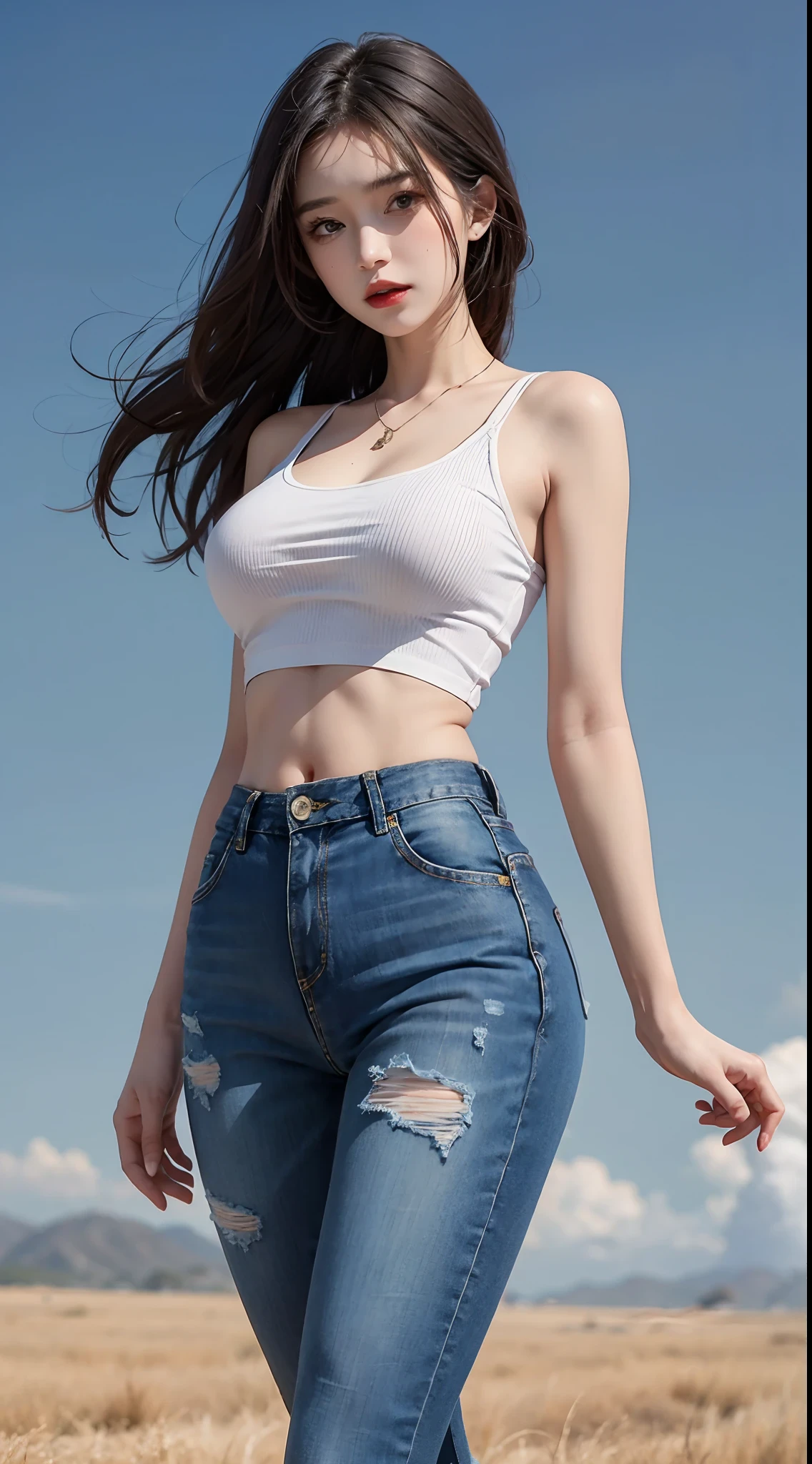 (Daytime, Excellent, 8K, Masterpiece:1.3)), Full body, Long legs, Focal length: 1.2, Perfect Body Beauty: 1.4, Slim Abs: 1.1, ((layered hairstyles, Big Breasts: 1.2 )), (tight tanktop, jean shorts skirt, sneakers, Standing: 1.2), ((City, Blue Sky and White Clouds: 1.3)), Highly detailed face and skin texture, Detailed eyes, Double eyelids,