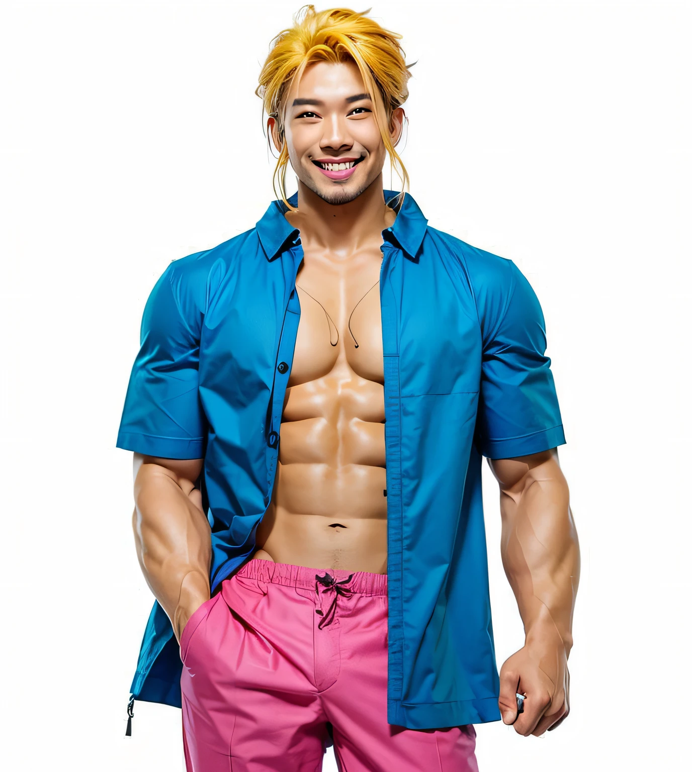 A muscular asian man smiling with tan skin and yellow hair wearing blue top and pink pants, ultra realistic, high quality, detailed face