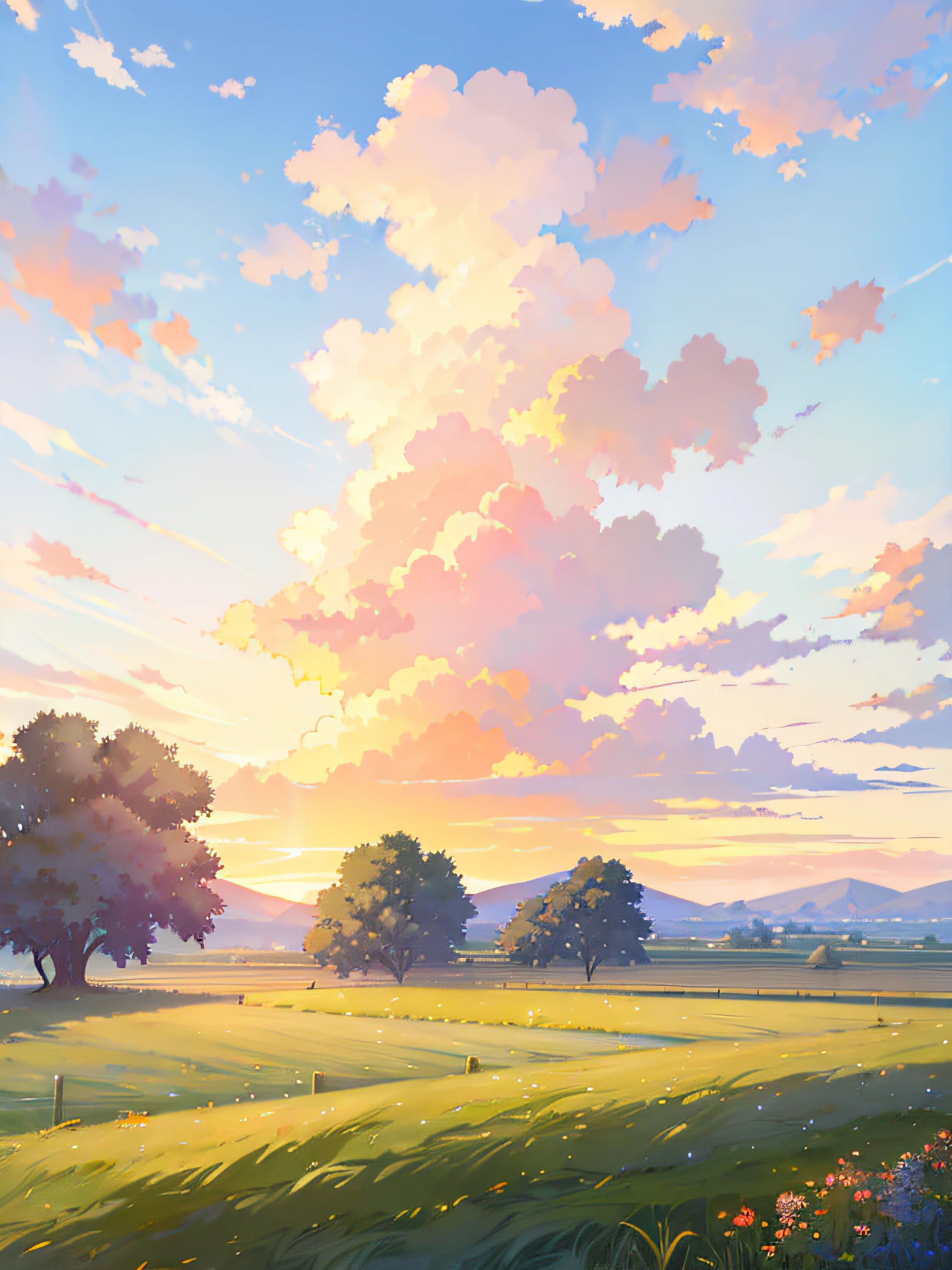 In the distance there are field paintings of farms and houses, anime countryside landscape, ross tran. scenery background, beautifull puffy clouds. anime big breast, landscape artwork, Anime landscape concept art, studio glibly makoto shinkai, Makoto Shinkai's style, beautiful anime scenery, Anime landscape, Anime landscapes, ( ( Makoto Shinkai ) )(Best quality,4K,8K,A high resolution,Masterpiece:1.2)