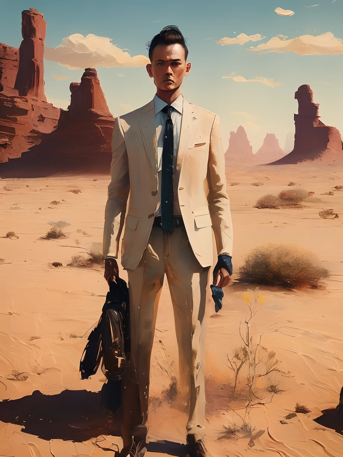Painting of a man standing、Wearing a suit、desert background、artstation hd、detailed paintings、Photos taken in Plovia、Kodak Portra、film grains、Unsplash function、film grains、cinematic view、Photos taken in Plovia
