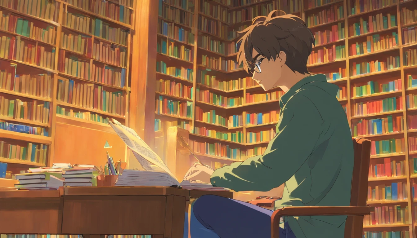 A man sits in a library studying