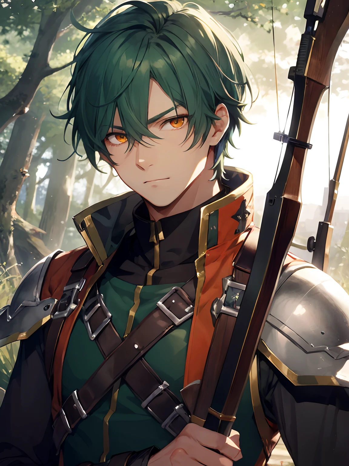 1Man, hunter clothes, Defined, Emerald Green hair, orange eyes, glaring eyes, wielding a bow and arrow, serene gaze, Calm expression, forest background, fantasy world, handsome, face close up, upper body only, looking at viewer, ragnarok online sniper, archer, ragnarok online hunter, ro mobile sniper, archery