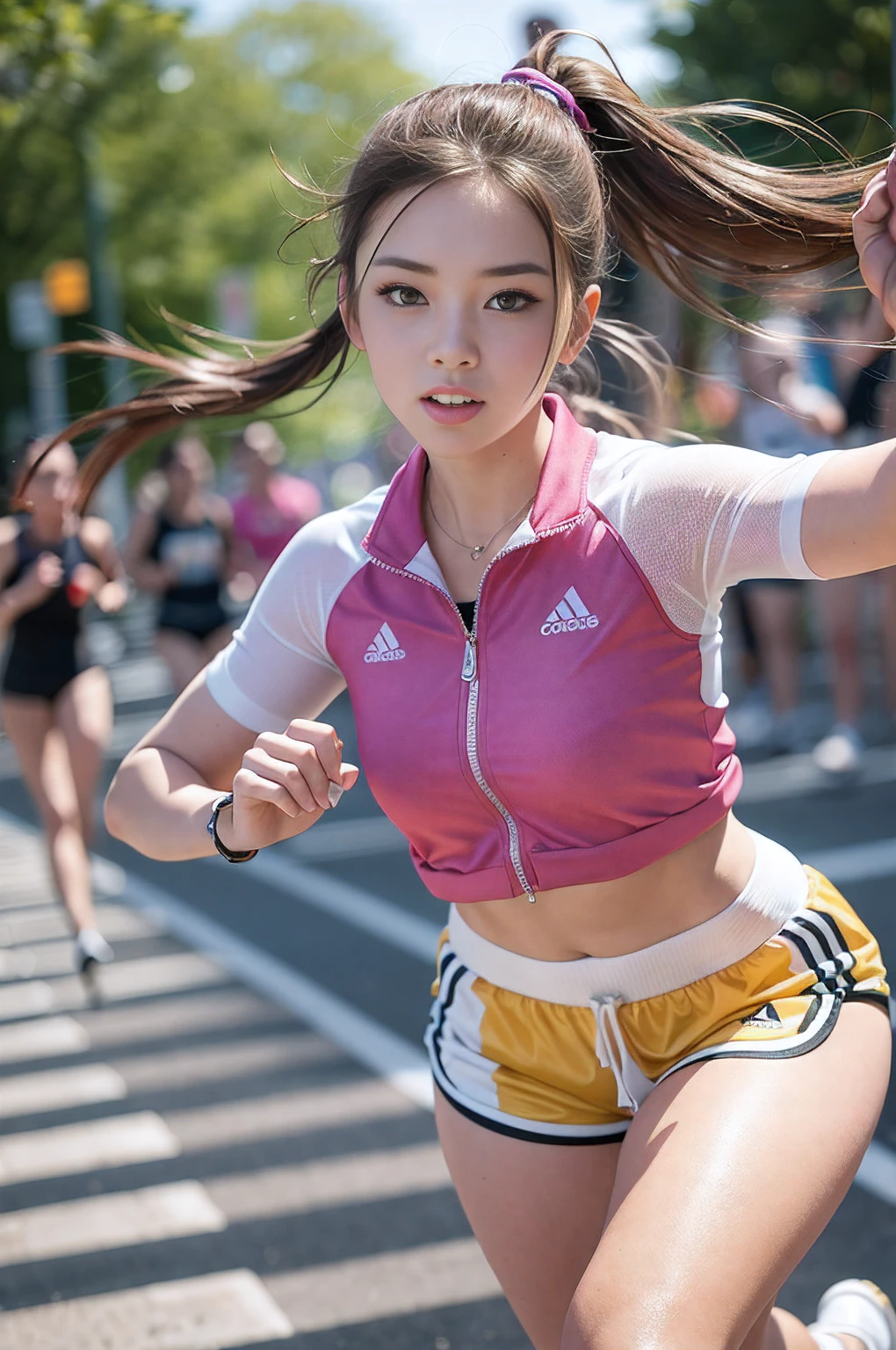 1 girl, solo, running, Gray Track Top, pink shorts, ponytail,(athletic build), dynamic brushstrokes, fluid movement, capturing the essence of her athleticism and energy, using light colors and soft tones to create a dreamy and ethereal atmosphere, portraying the motion and grace of running, showing the wind blowing her ponytail and clothes, and the scenery of her surroundings.
outdoors, detailed background, Modern metropolis,