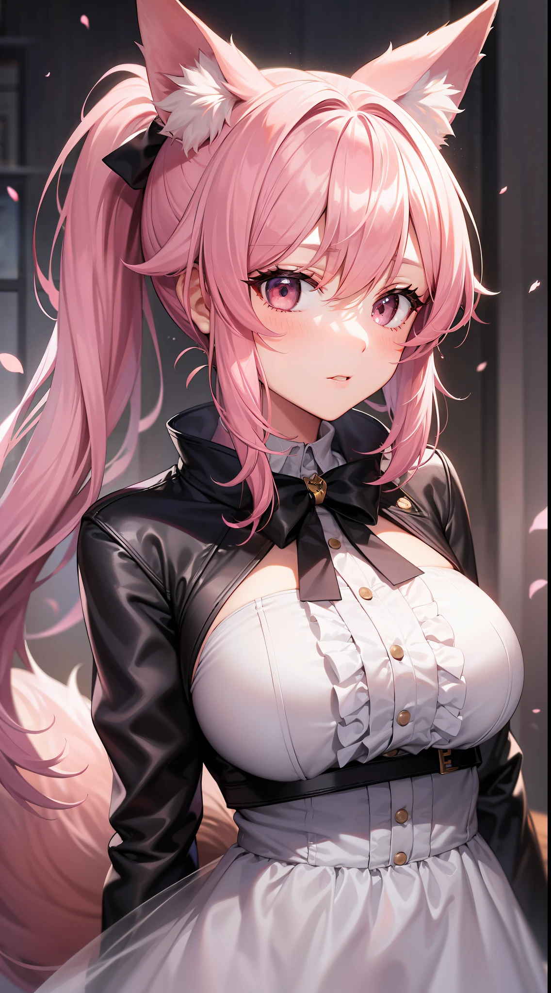 masutepiece, Best Quality, High resolution, solo, 1girl, Full body, Description Girls, detail hands, Detail fingers, Detail Face, cute face, detail legs, overdetailed art, Fine details,Huge breasts, Huge ass, steam, (Sweat), hair bun, pink hair, midriff, solo, milf, single hair bun, evil grin, naughty face, blush, (night), (hotel), collar, leash, (school uniform), see through