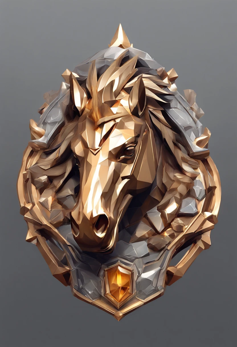 Game medallion with metal horse head close-up with crown，Close-up of the eagle's head，hearthstone art style, Hearthstone style art, hearthstone concept art, Riot game concept art, style of league of legends, iconic character splash art, League of Legends crown，Game badge，Surrounding metal feathers，copper gold，c4d渲染，Less detail，less detailing，Huge metal horse head in the middle，The head has gorgeous gemstones