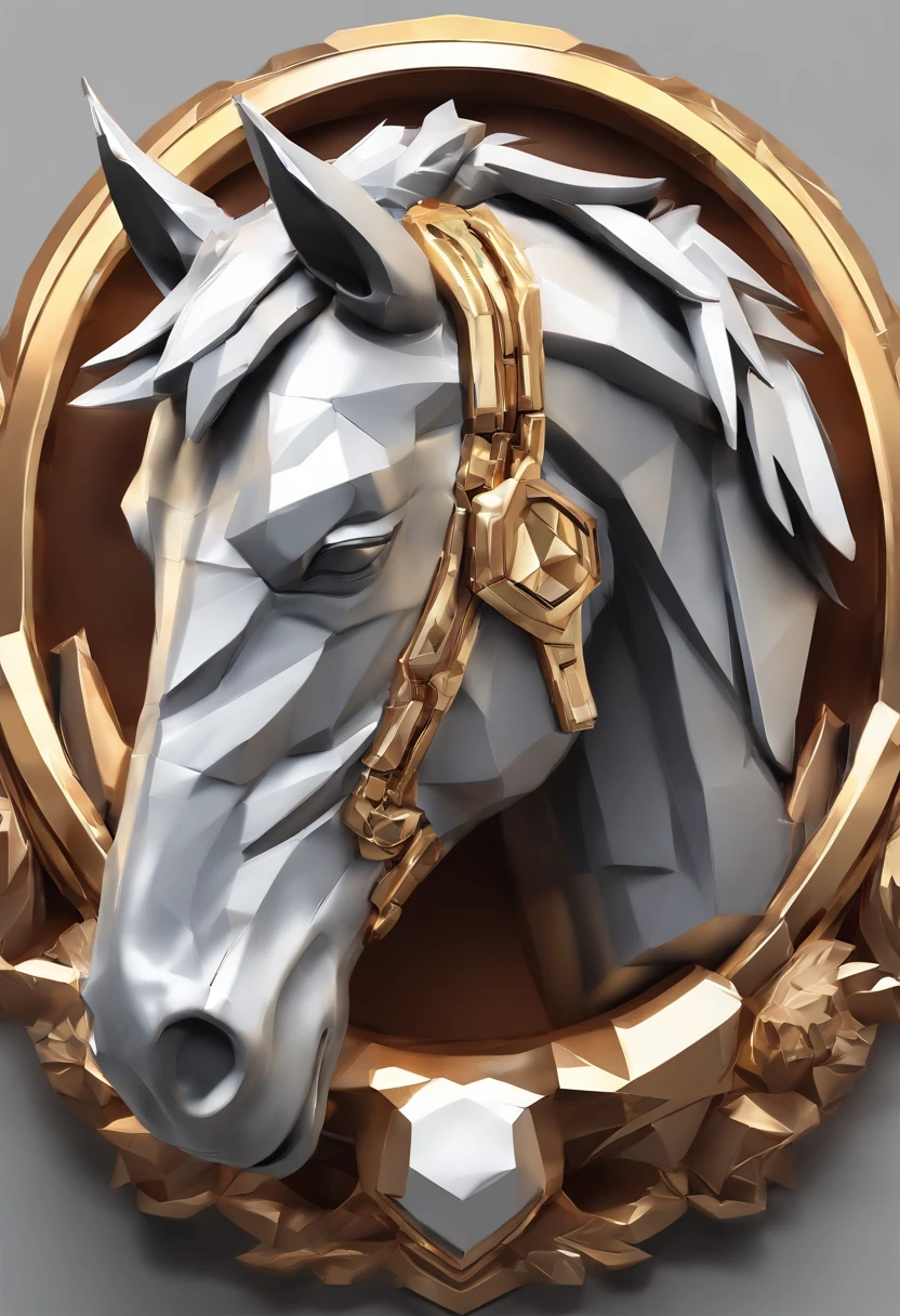 Game medallion with metal horse head close-up with crown,Close-up of the eagle's head,hearthstone art style, Hearthstone style art, hearthstone concept art, Riot game concept art, style of league of legends, iconic character splash art, League of Legends crown,Game badge,Surrounding metal feathers,copper gold,c4d渲染,Less detail,less detailing,Huge metal horse head in the middle,The head has gorgeous gemstones