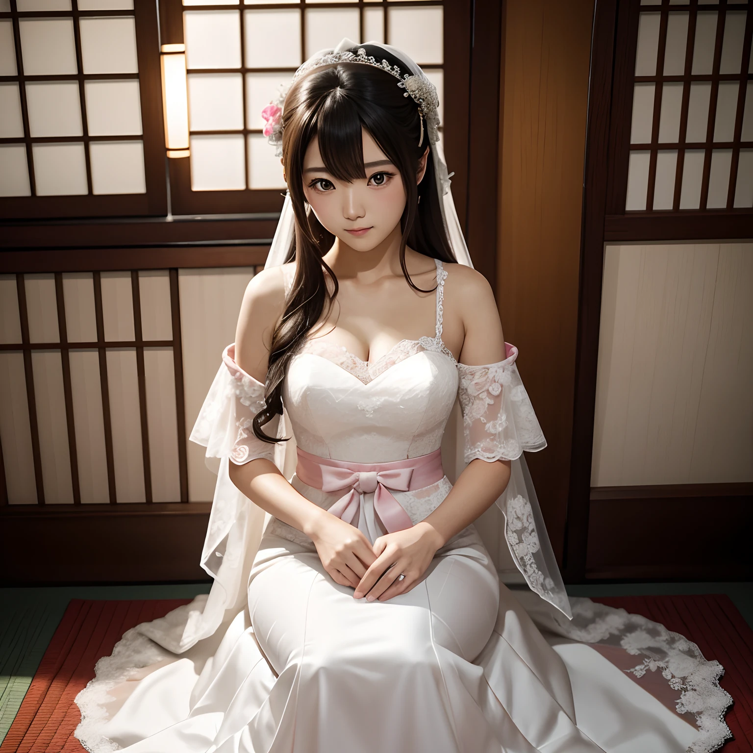 <lora:tifaMeenow_tifaV2:0.7>, (RAW photo:1.2), (photorealistic:1.4),(intricate details:1.2),(masterpiece:1.3),(best quality:1.4), (ultra highres:1.2), cinema light, ultra high res,(detailed eyes),(detailed facial features),(detailed clothes features), HDR, 8k resolution, looking at viewer, skin tight, (shiny skin),(slender girl),dreamlike,((white lace wedding dress)), skirt, hip skirt, nsfw, ((detailed wedding veil with flowers)), long white gloves, see through clothes, narrow waist, translucent, (extreme detailed illustration), light red eyes, 1girl, cute, innocent, (smile), skinny body, breasts, large breasts, busty, sitting down, sitting,
