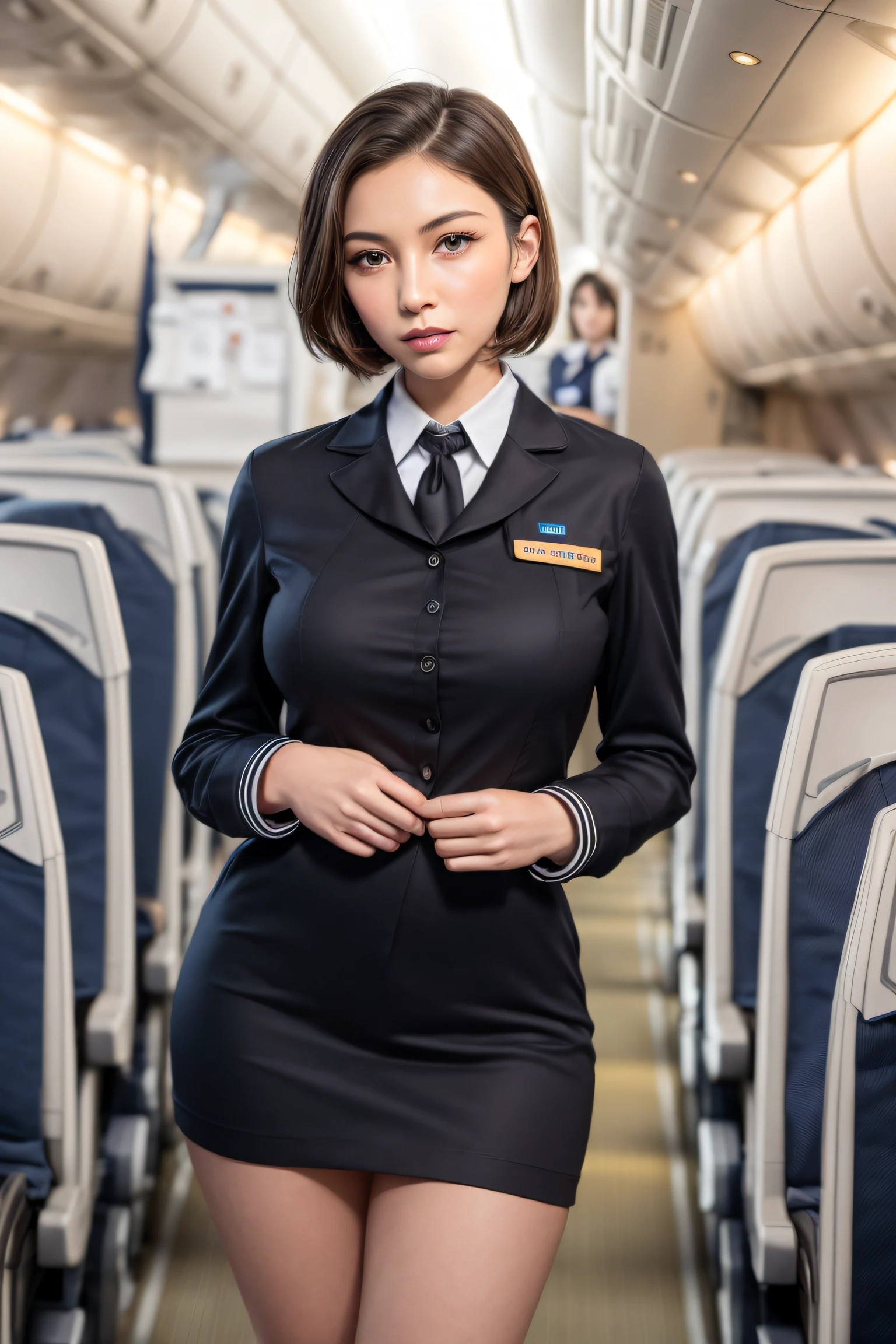 8K, of the highest quality, Intricate details, Ultra Detail, Ultra High Resolution, masterpiece, smile, (fluffy brown eyes), 1female, Solo, 40 years, (full stewardess uniform:1.4), Standing, ((Beautiful Face)), (Black short hair), (Detailed face), Detailed lips, Detailed face, Detailed chest, (glamorous body), (huge breasts), detail, Perfect body, cowboy shot, (background: in an airplane)