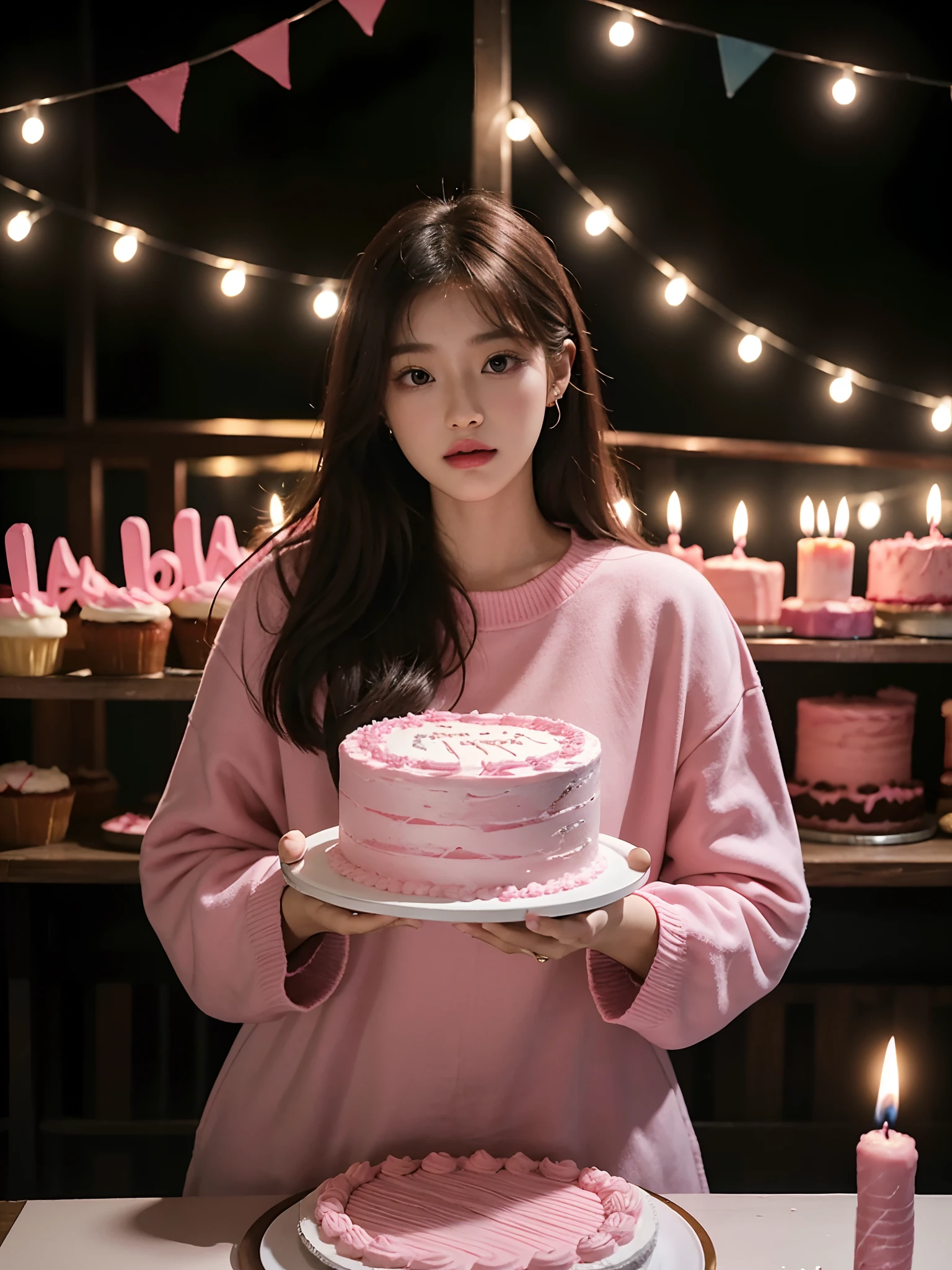 woman standing next to a large pink cake with candles on it, holding a birthday cake, birthday cake, roseanne park of blackpink, cake, 2 8 years old, cake in hand, bae suzy, 21 years old, 2 6 years old, 2 7 years old, happy birthday, 1 8 yo, 2 4 years old, the greatest cake, 18 years old