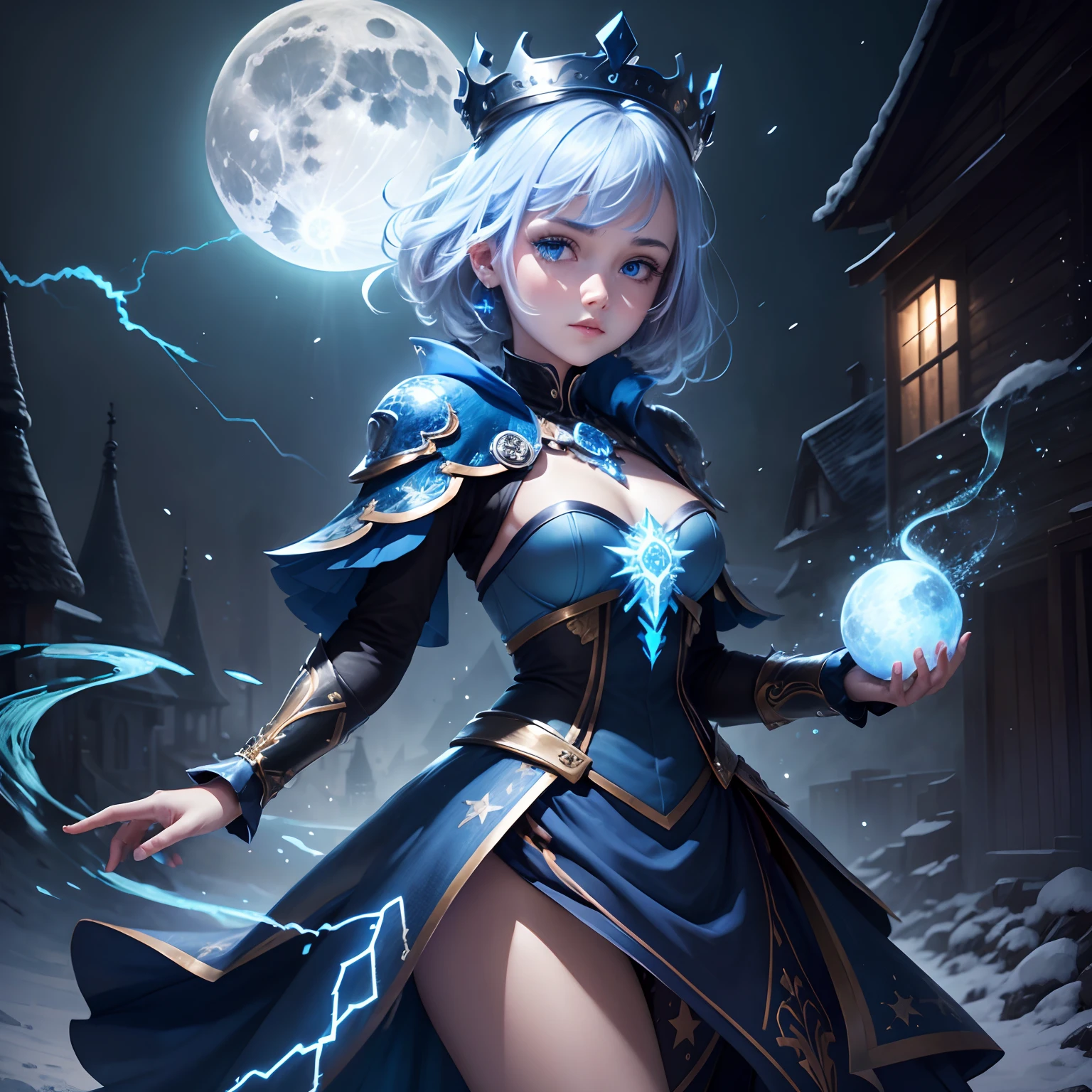 Night, ((1 girl)), Alone, Masterpiece, 8K wallpaper, A high resolution, absurderes, High quality background, Short hair, Black hair, multicolour hair, Beautiful frozen village, (Bright full moon), Blue dress, Detailed dress, Jewelry dress, (magic:1.2), bluefire, Blue eyes, Glowing eyes, Fire, Ice Goddess, (Blue detailed beautiful crown), Electricity, Blue electricity, Blue light particles