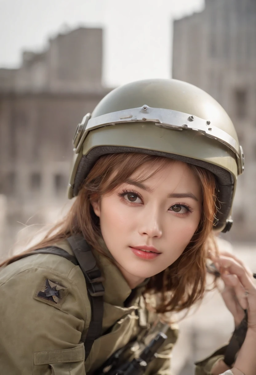 (Masterpiece:1.2), Ultra detailed, (Realistic, photograph realistic:1.37), highdetailRAWcolorphoto, profesional photo, An extremely delicate and beautiful, Extremely detailed, finedetail, extremely detailed beautiful girl, Extremely detailed face, Extremely detailed eyes, Extremely detailed skin, Extremely detailed nose, Extremely detailed mouth, Perfect anatomy, (Japanese famous actress:1.6), (gyaru:1.4), Dynamic lighting, (combat helmet, army suit,:1.45), (NSFW:1.3), (destroyed city:1.5), (Dynamic pose:1.4), (crouched),