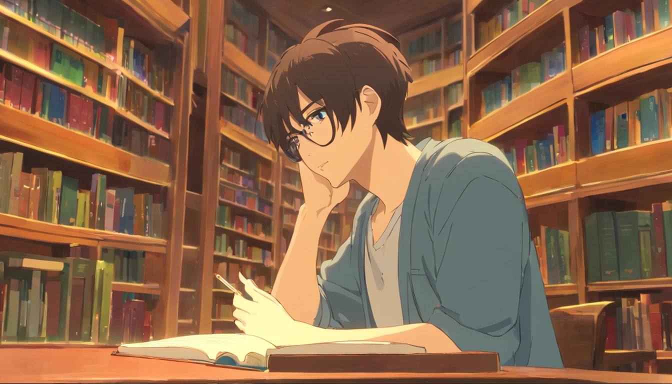 A man sits in a library studying,Half-body mirror