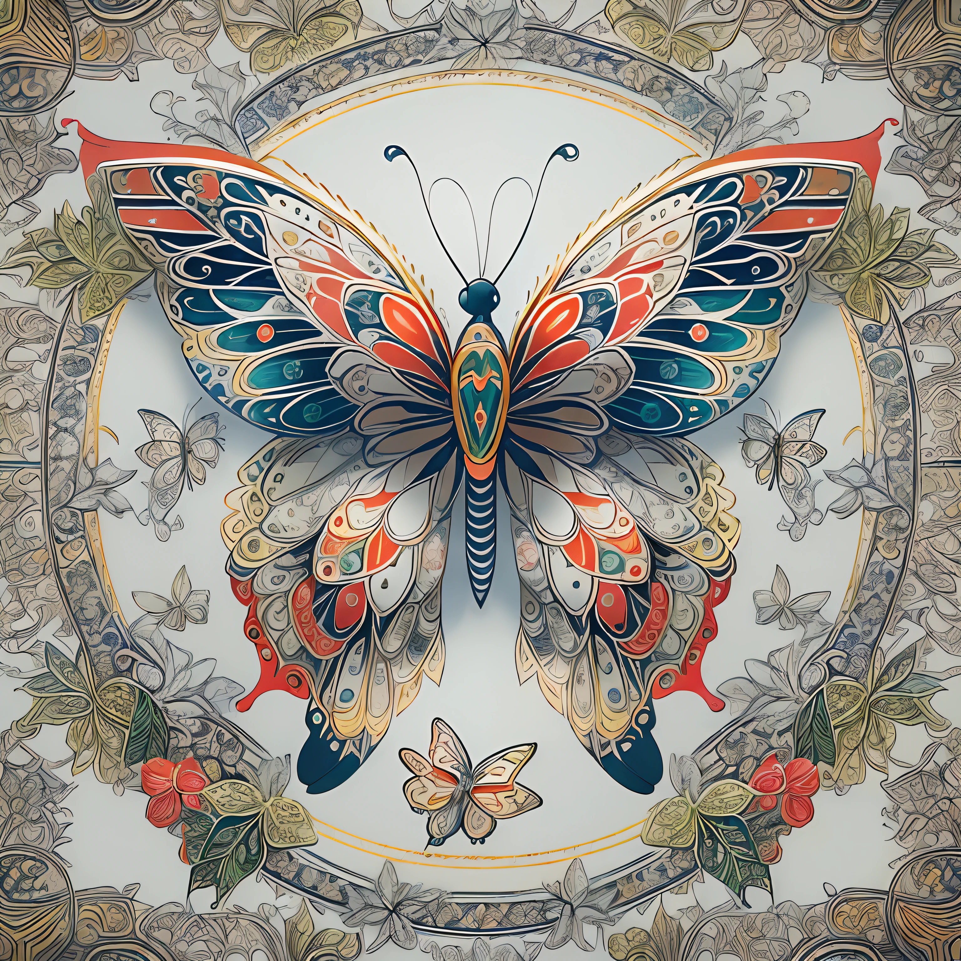 (White background:1.4),(Symmetrical:1.5),(masterpiece butterfly, In the middle, Oriental elements),(China - chic illustration:1.2, Vector painting:1.2),(Chinese colors,senior color matching),( reasonable design, Clear lines, High sharpness,best quality, Very detailed, masterpiece, official art, movie lighting effects, 4K )