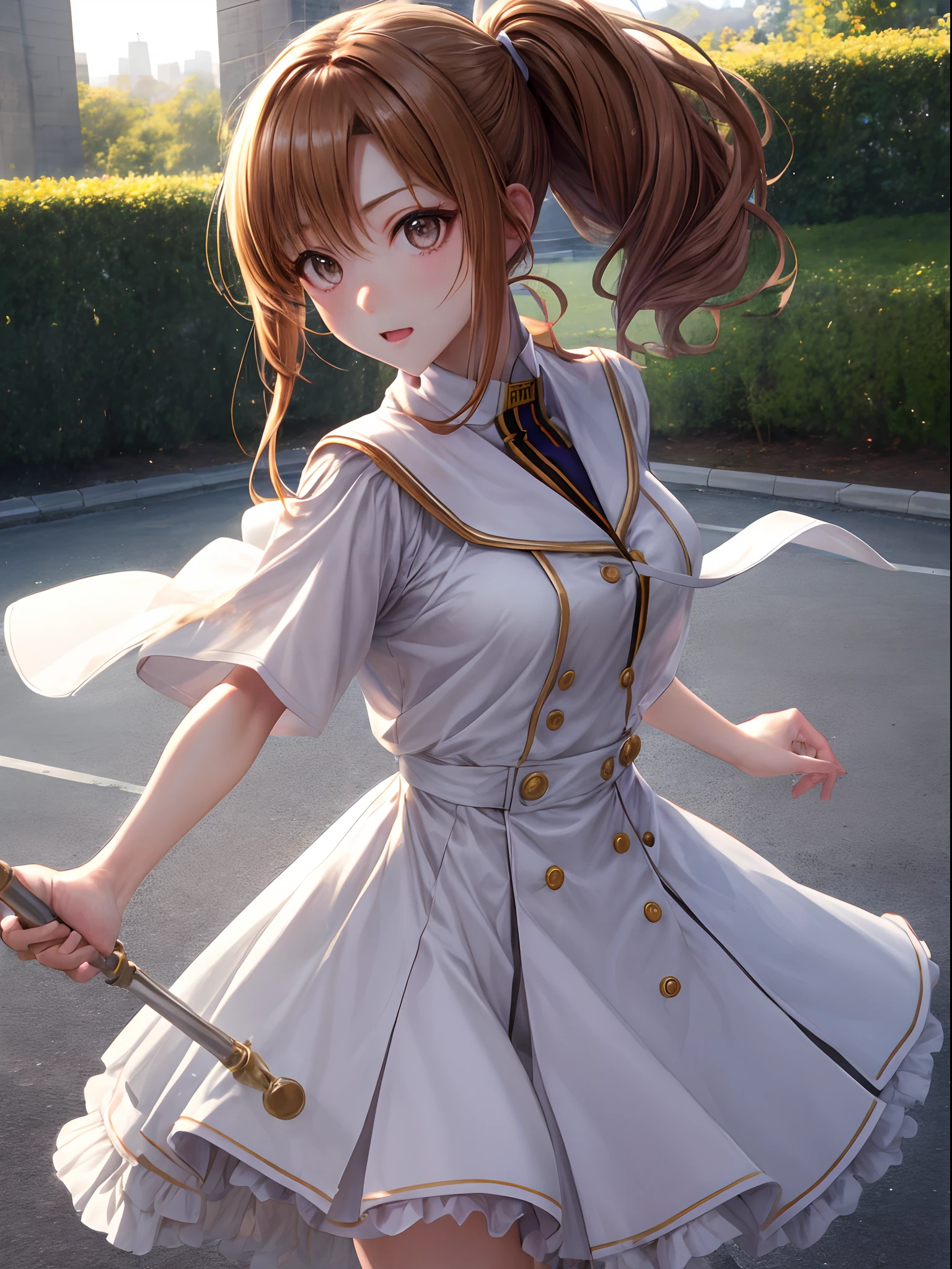best pictures, masutepiece, ​masterpiece、super precision、sword in hands[[rapier:1.10]]、High quality anime girl with brown hair and brown eyes、[3D images:1.25],[[Attractive eyes,A detailed eye、radiant eyes, Colorful eyes:1.15]]、Overall front view、poneyTail、Solo Girl,White uniform, 8k picture, best qualtiy，hight resolution、Dress correctly、best pictures, masutepiece, Photorealistic, High resolution, Soft light, Attractive eyes that make you feel sucked in