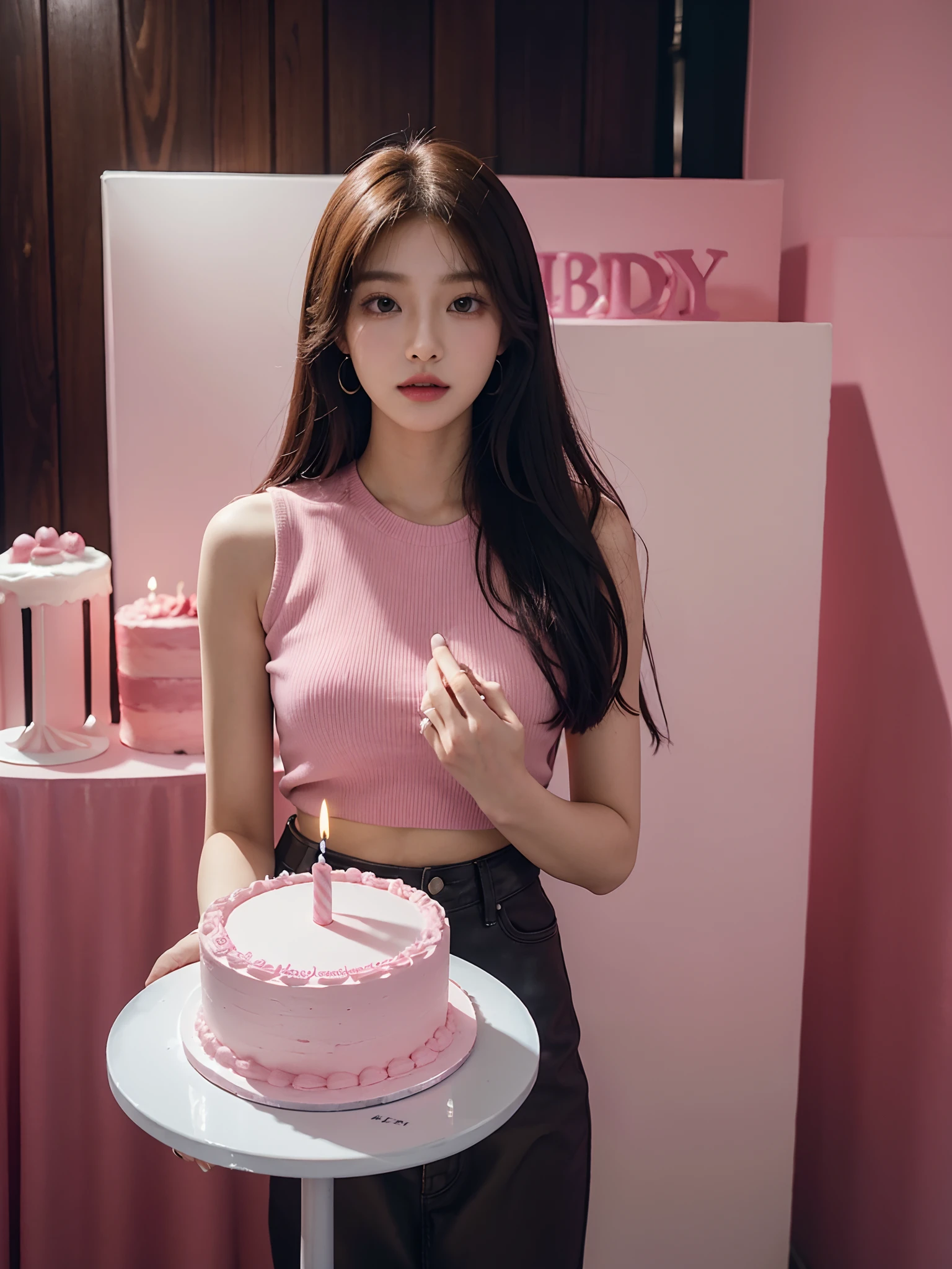 woman standing next to a large pink cake with candles on it, holding a birthday cake, birthday cake, roseanne park of blackpink, cake, 2 8 years old, cake in hand, bae suzy, 21 years old, 2 6 years old, 2 7 years old, happy birthday, 1 8 yo, 2 4 years old, the greatest cake, 18 years old