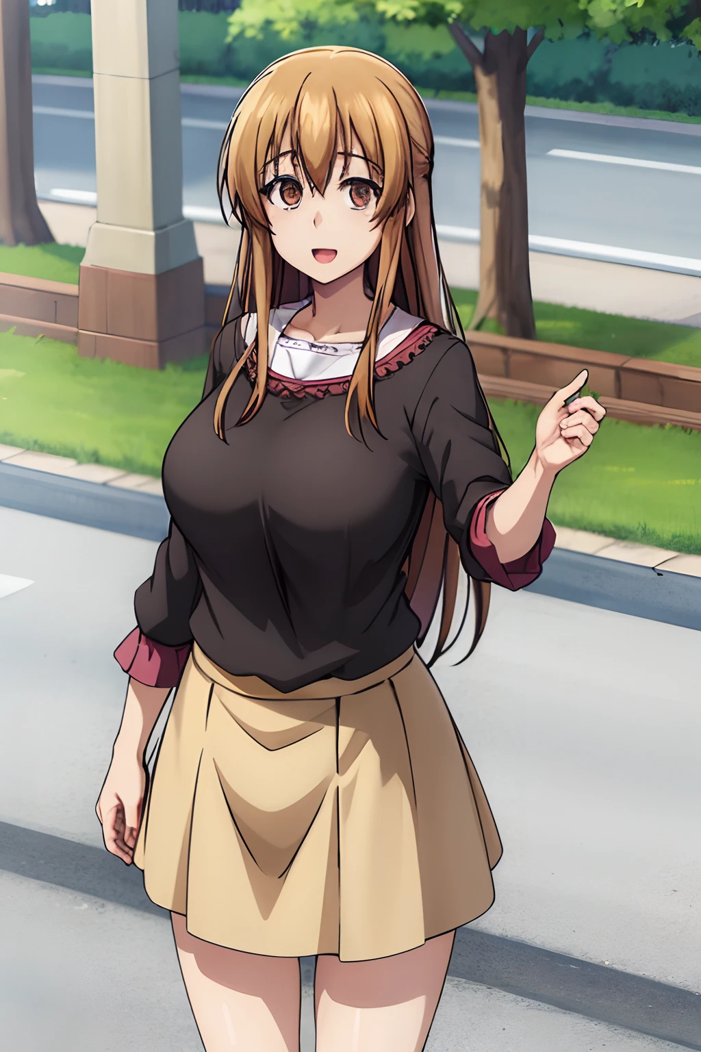 best quality, (masterpiece:1.2), highly detailed, street,
1girl,  kotegawa nanaka,
looking at viewer, slight smile, open mouth,
brown eyes, brown hair, long hair, black shirt, elbow sleeves, pink skirt, miniskirt, (huge tits)