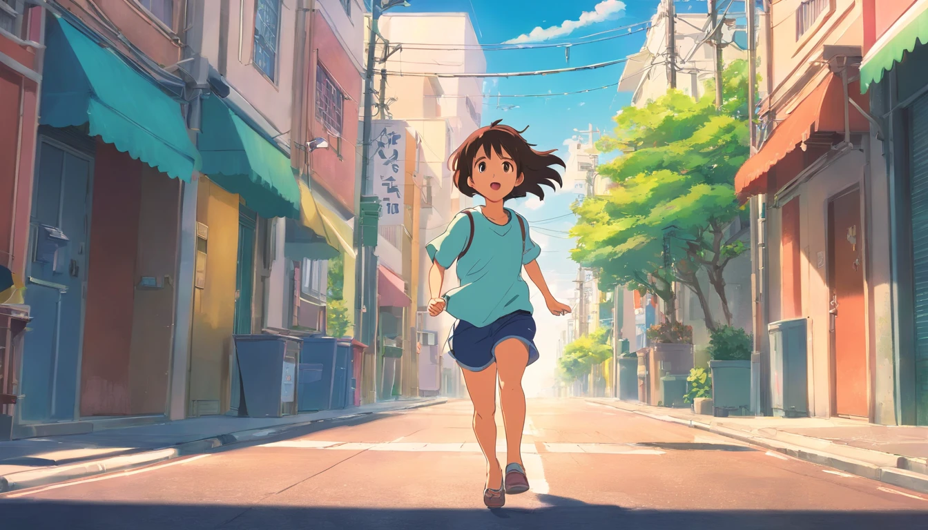 A cute little girl running down the street