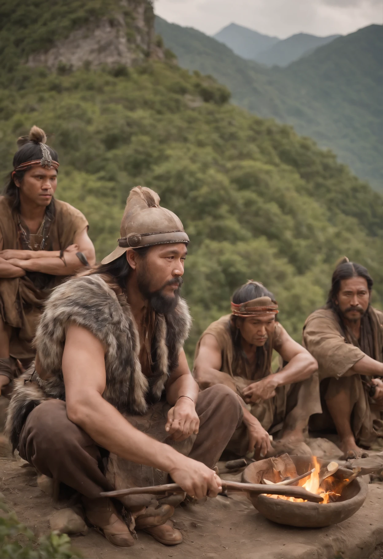 A group of people sat on the hill,The background is a mountain, Asian primitives who eat grilled meat, Wearing a wolf-head hat,The clothes are decorated with shell gemstones, Ancient tribes, stone age rave in a cave, an epic depiction of, Accurate depiction,, Historical and artistic depictions, tribe members attacking, Cave man family,bow and arrows,stone knife,Stone axe