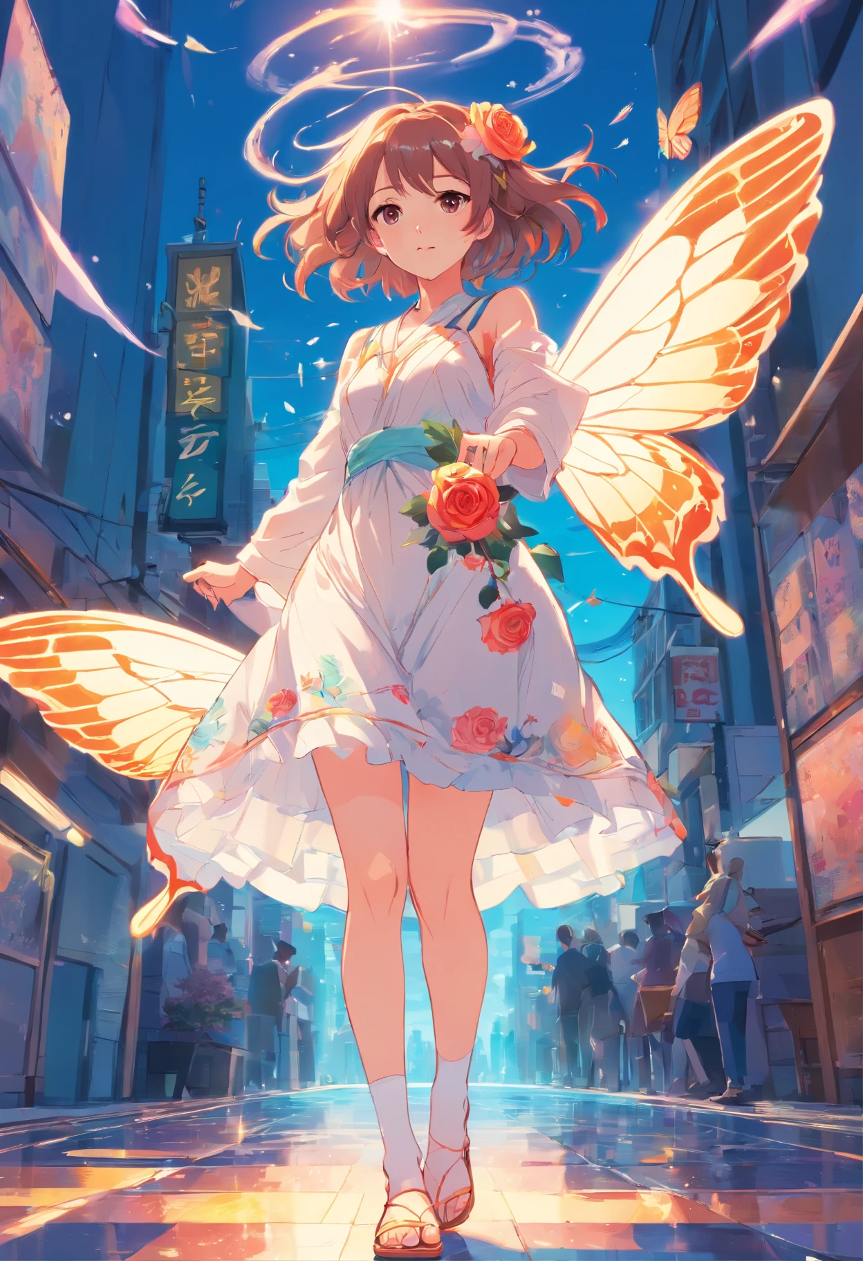 full body portrait front view, negative tarot white background, hyperdetailed intricate colorful rose graffiti silhouette vector background, sunshine, natural light, very strong front light, masterpiece best quality hyperdetailed ultra realistic colorful flat color pastel mix 2.5D 1 anime cute tall very skinny beautiful girl, hyperdetailed intricate flat color flying fluffy symmetrical glamorous red and pink short hair, white stocking, colorful flat color symmetrical fairy wings, butterfly hair ornament, flower hair ornament, sandal, locket, walking, masterpiece best quality hyperdetailed colorful white cotton cocktail long dress, blue sea water splash in circle at feet, sunshine on face, head light, front light, windy, album cover art, clean art, colorful, symmetrical, 2D vector art, 2D illustration art, flat color art, 128K resolution, glamorous, digital art, digital painting, colorful ink illustration, hyperdetailed sharp focus, digital illustration, perfect composition, vibrant, golden ratio, rose graffiti, flat color art, digital watercolor painting,