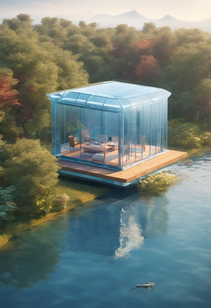 In the middle of the lake is a square glass house，Adopt the technology of the future,The background is blue sky and sea antenna 8k