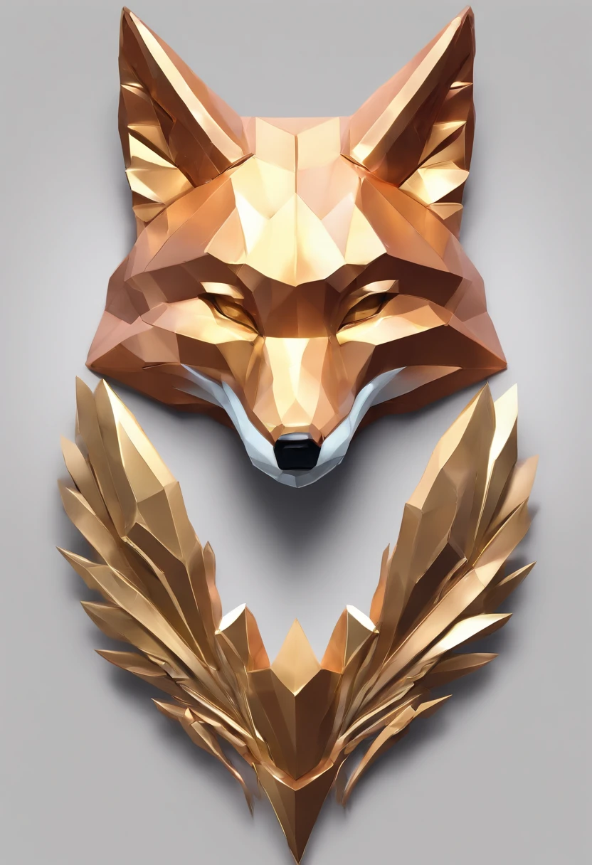 Game medallion with metal fox head close-up with crown,Close-up of the fox's head,hearthstone art style, Hearthstone style art, hearthstone concept art, Riot game concept art, style of league of legends, iconic character splash art, League of Legends crown,Game badge,Surrounding metal feathers,copper gold,c4d渲染,Less detail,less detailing,Huge metal fox head in the middle,The head has gorgeous gemstones
