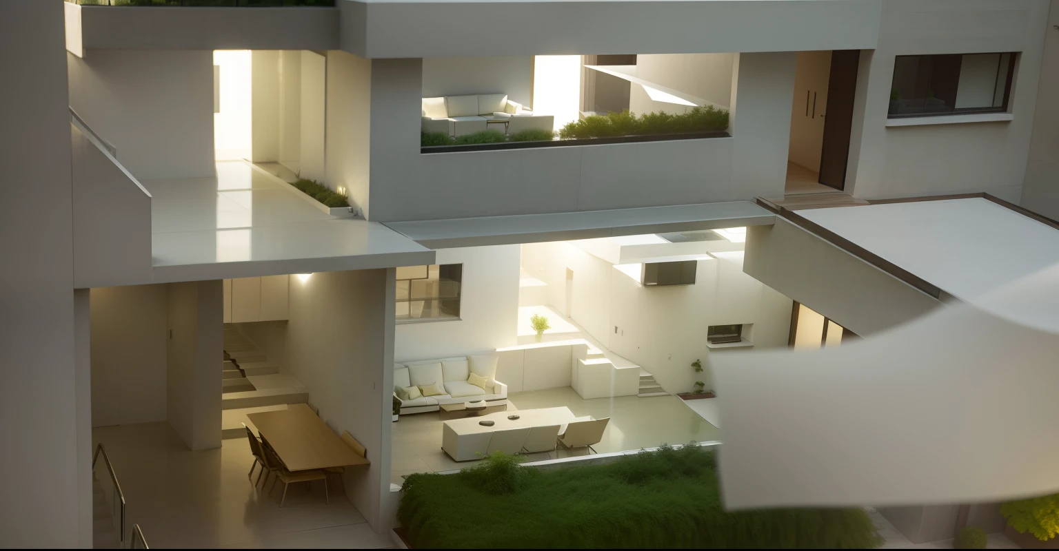 (Best Quality,4K,8K,hight resolution,masutepiece:1.2),Ultra-detailed,(Realistic,Photorealistic,Photorealsitic:1.37),Futuristic contemporary home, Dark concrete finish, Outside view, sleek design, Large floor-to-ceiling windows, a panoramic view, Shiny metal elements, Minimalist architecture, Sharp edges, Clean lines, Geometric shapes, Seamless integration with the environment, Architecture with courtyard, nature environment, Bright blue sky, and abundant natural light, Warm golden sunshine, dynamic compositions, High-tech materials, polished surfaces, The opening is glass, Sophisticated lighting, Dramatic shadows, Impeccable craftsmanship, Luxurious atmosphere, Invitation Entrance, Grand Entrance Door, wide々and open layouts, On the right is the outdoor terrace, Comfortable outdoor seating, Stylish outdoor furniture, The perfect balance between simplicity and elegance, striking contrast, Minimalistic color palette, Monochrome tone, Bold accents, Cutting-edge technology, Smart Home Systems, State-of-the-art appliances, evocative atmosphere, Contemporary Art Works, A harmonious blend of nature and modernity, Quiet and cozy atmosphere.Furniture is placed on the roof、courtyard、The background is a residential area、Harmonious interior