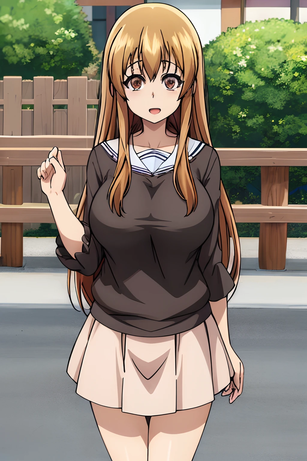 best quality, (masterpiece:1.2), highly detailed, street,
1girl,  kotegawa nanaka,
looking at viewer, slight smile, open mouth,
brown eyes, brown hair, long hair, black shirt, elbow sleeves, pink skirt, miniskirt, (huge tits)