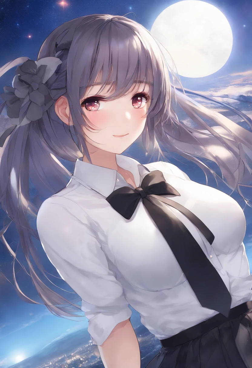 best quality, masterpiece,, Illustration, Wallpaper,1girl, solo, school uniform, shear white shirt, black skirt, light  hair, semi-long hair, beautiful detailed girl, extremely detailed eyes and face, beautiful detailed eyes, shy, natural_lighting, glow,nsfw, clean sky, looking at viewer, outdoors, night sky, star (sky), loafers, black pantyhose, blue bowtie, straight hair, purple petals, purple and blue flowers, red pupil, ponytail, blue ribbon,white hair, thick_thighs, large breasts, red eyes,