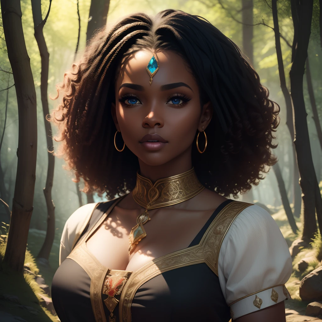 woman, beautiful black skin, african, symmetrical face, curly black hair curly hair, blue eyes, full back, upper body, portrait, ceda clothing, bright jewelry, dynamic light, medieval forest landscape, hd, 8k, TN-RpgGameGirl