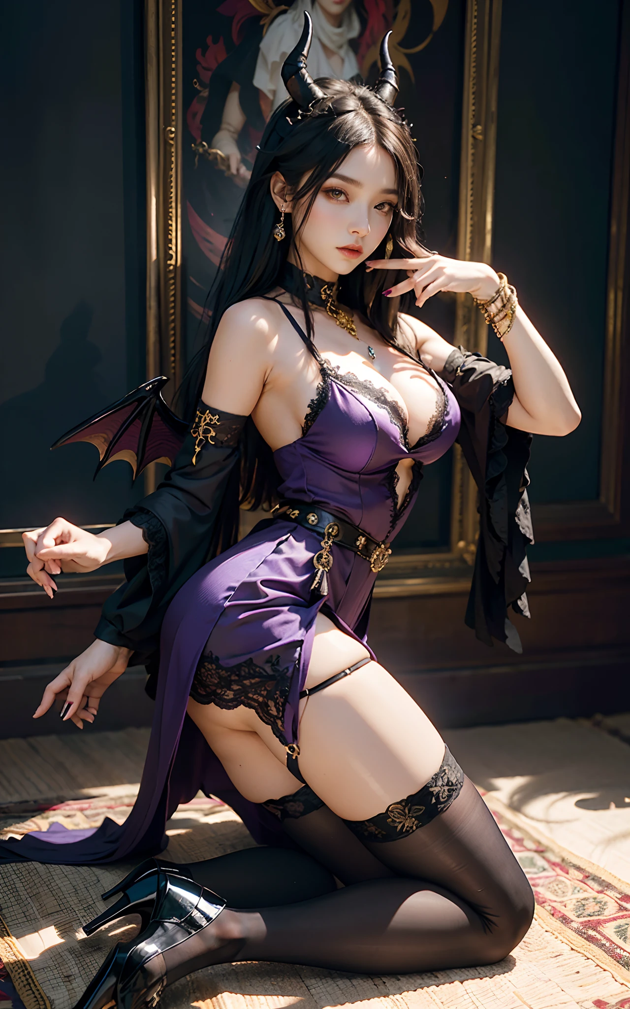 (palaces:1. Mature female purple-black hair,A pair of dragon horns,A pair of dragon wings,Flirtatious,Kneeling pose), tmasterpiece, best qualtiy, RAW photogr, realisticlying, Pouting ass, Incredibly Ridiculous res,, ear studs, (Long flowing purple-black hair),eye shadows,Bracelet,head chain,(A wide variety of intricate jewelry),eardrop,foot ring,Black Lolita dress long dress,(Black suspender stockings+),high-heels,depth of fields, A high resolution, ultra - detailed, filigree, RAWE is very detailed, very detailed eyes and faces, Sharp pupils, realistic pupil, tack sharp focus, cinmatic lighting,full bodyesbian,Bigboobs,long leges,From the front side,banquet,dynamicposes,Normal posture,closeup of face