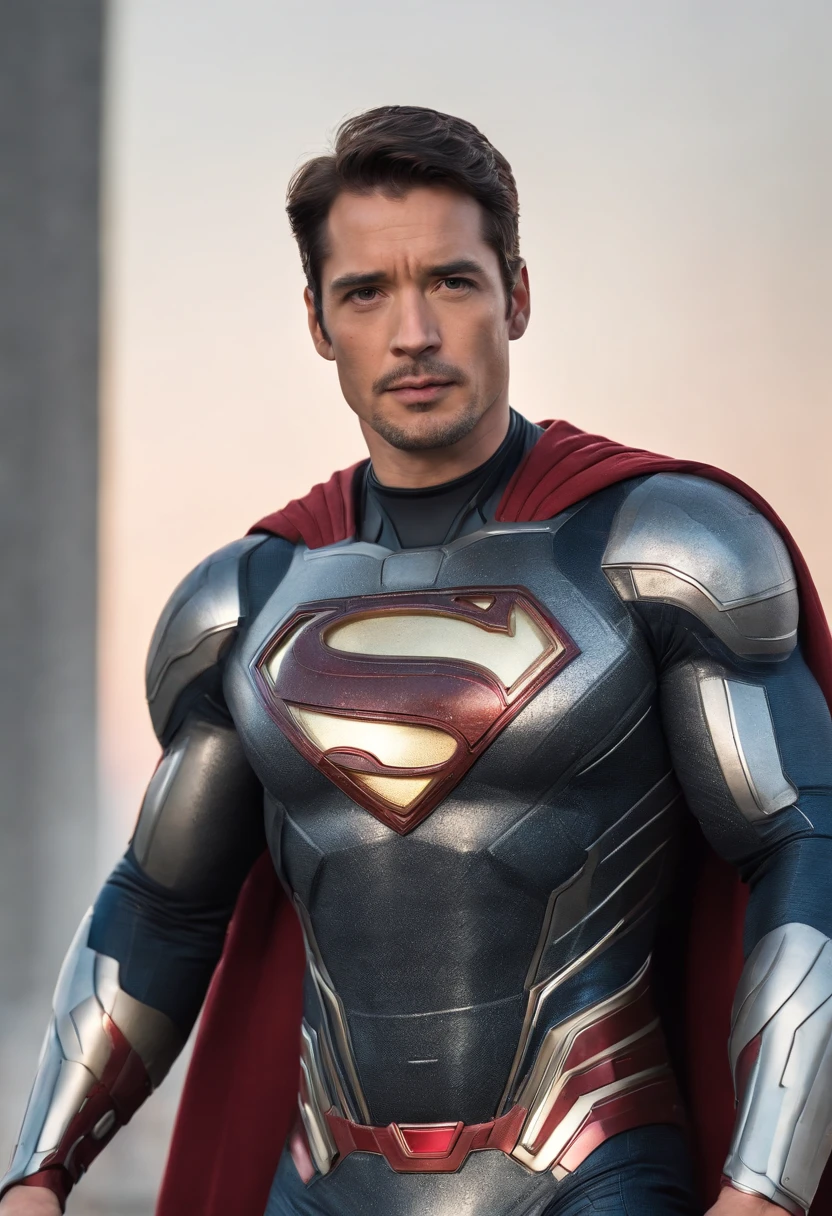 Action shot of M1lly4c0k2222 ((Wearing a sexier and revealing black and silver version of the evil Superman suit Iron Man)), Large breasts, Toned body, (Explosion in the background A city in ruins), Style - Blade Runner 2049-8V intricate, High detail, Sharp focus, Dramatic, ((Photorealistic))