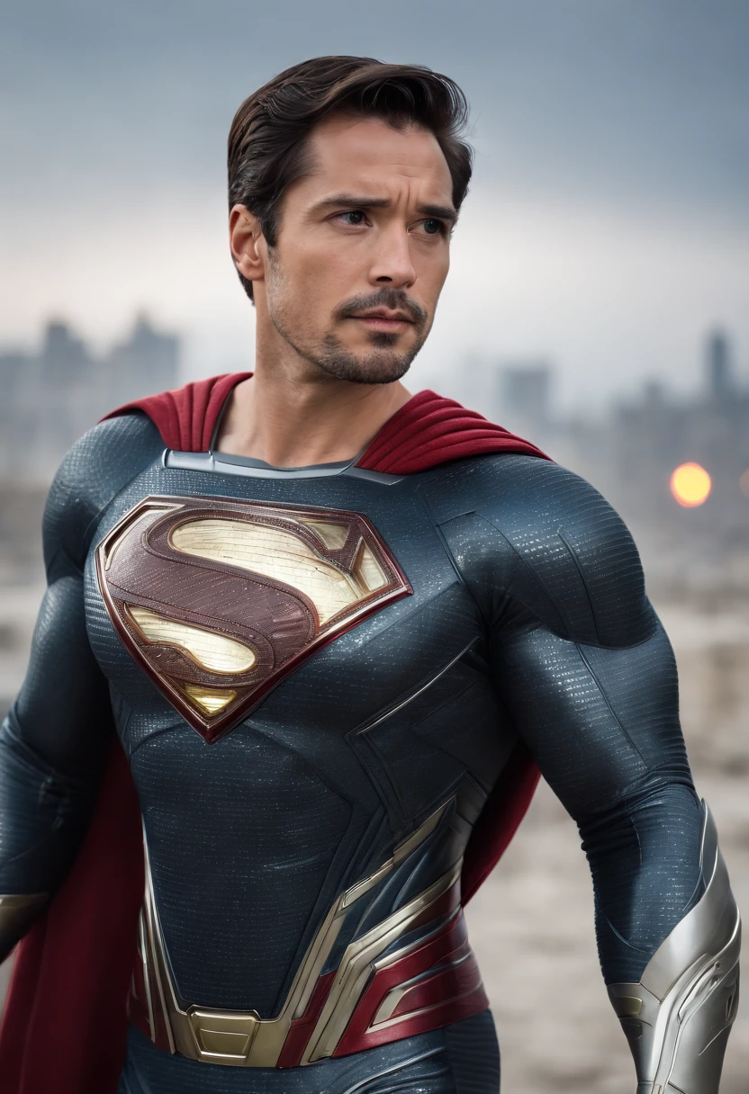 Action shot of M1lly4c0k2222 ((Wearing a sexier and revealing black and silver version of the evil Superman suit Iron Man)), Large breasts, Toned body, (Explosion in the background A city in ruins), Style - Blade Runner 2049-8V intricate, High detail, Sharp focus, Dramatic, ((Photorealistic))
