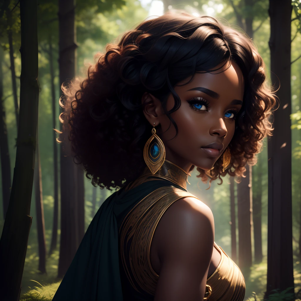 woman, beautiful black skin, african, symmetrical face, curly black hair curly hair, blue eyes, full back, upper body, portrait, ceda clothing, bright jewelry, dynamic light, medieval forest landscape, hd, 8k, TN-RpgGameGirl