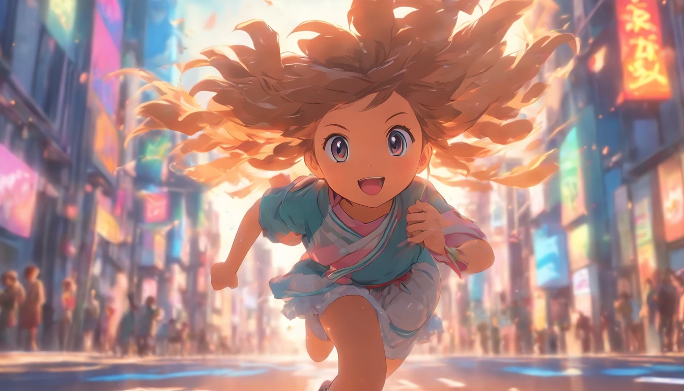 A cute little girl running down the street