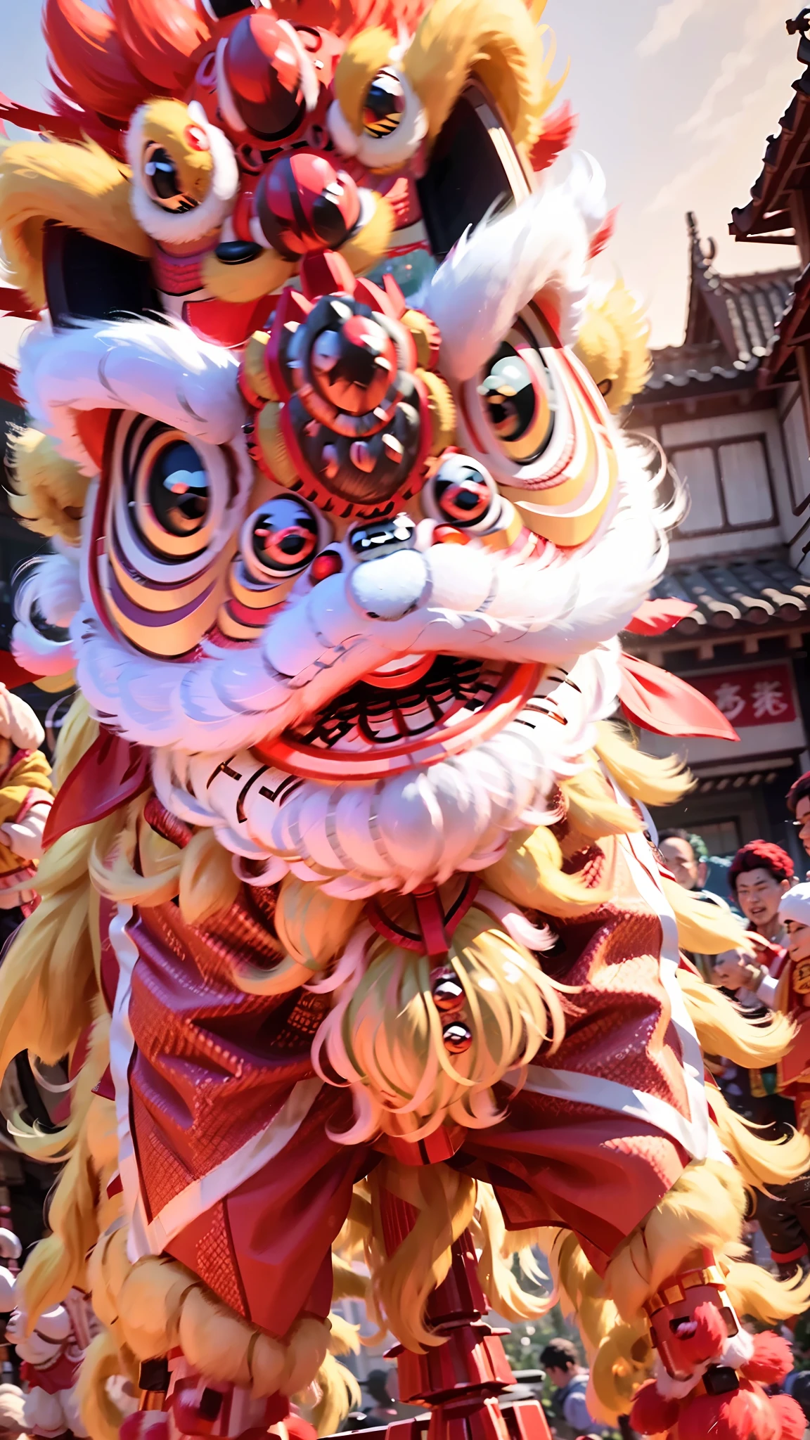 tmasterpiece，best qualtiy，highest  quality，ultra - detailed，Best resolution，8K，CG，illustration，National style，Oriental Ancient Street，Mighty and domineering lion，Big-headed lion，Oriental lion dance，Impossible clothes，boisterous，bustle，jubilation，The sound of firecrackers，Anime effects，the detail