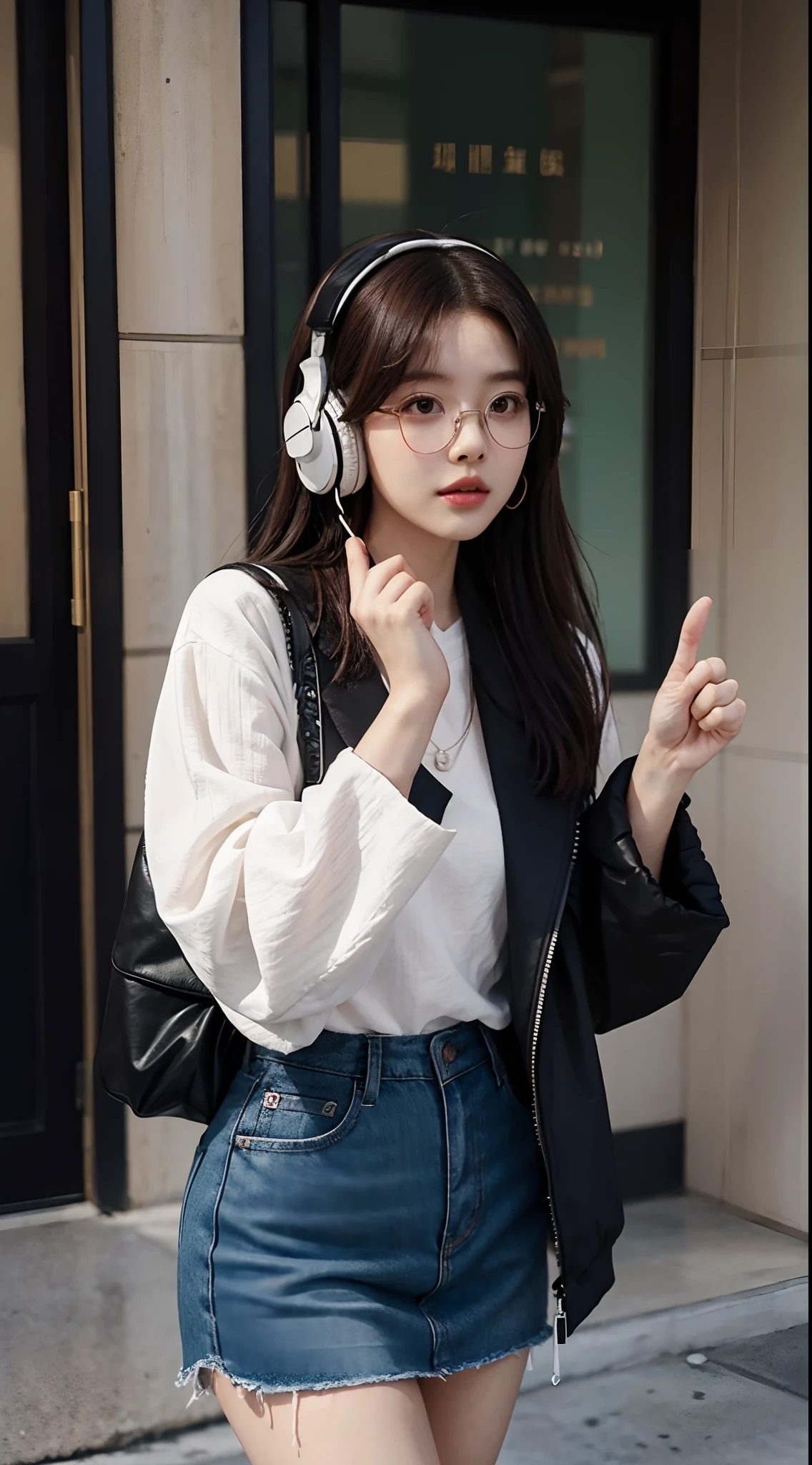 there is a woman with glasses and headphones giving a thumbs up, jinyoung shin, tzuyu from twice, jaeyeon nam, with glasses, park ji-min, jossi of blackpink, inspired by Kim Jeong-hui, lee ji-eun, lee ji - eun, heonhwa choe, li zixin, with glasses on, bae suzy