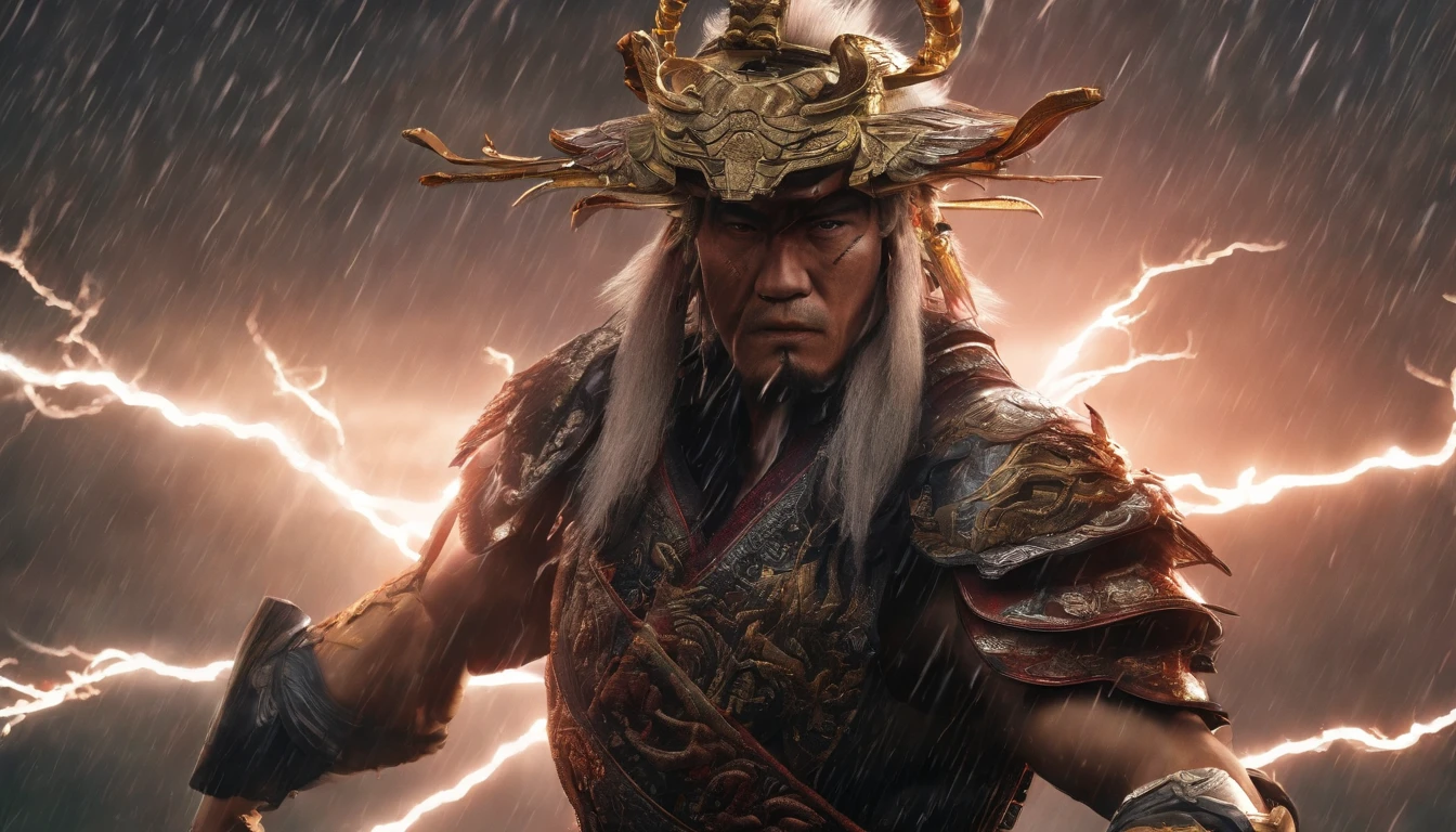(Best quality,4K,8K,A high resolution,Masterpiece:1.2),Ultra-detailed,(Realistic,Photorealistic,photo-realistic:1.37),Raiden general,(Electrical components:1.1,Lightning element:1.15),Beautiful detailed eyes,(traditional,Japanese-style:1.1) Armor,thunderstorm,(Looming,overwhelming:1.15) Presence,Amazing detail armor,(Crack sound,electric:1.1) Aura,Immerse yourself in nature,Soaked in the rain,(mistic,Otherworldly:1.1) atmosphere,(Majestic,Magnificent:1.1) landscape,The thunderbolt hit the ground,Sparkling raindrops,Standing Shogun Raiden,(Powerful,Strong:1.1) Posture,(Fierce,Determined:1.1) expression,Electricity dances in the air,beautiful detailed lips,Lightning illuminates the landscape,Subtle reflections on wet surfaces,(serene,tranquil:1.1) ambiance,The sublime beauty of nature,Crimson sunset,ethereal glowing,An artistic interpretation of Japanese legends,Raiden Shogun harnesses the power of lightning and nature in the mythical world.