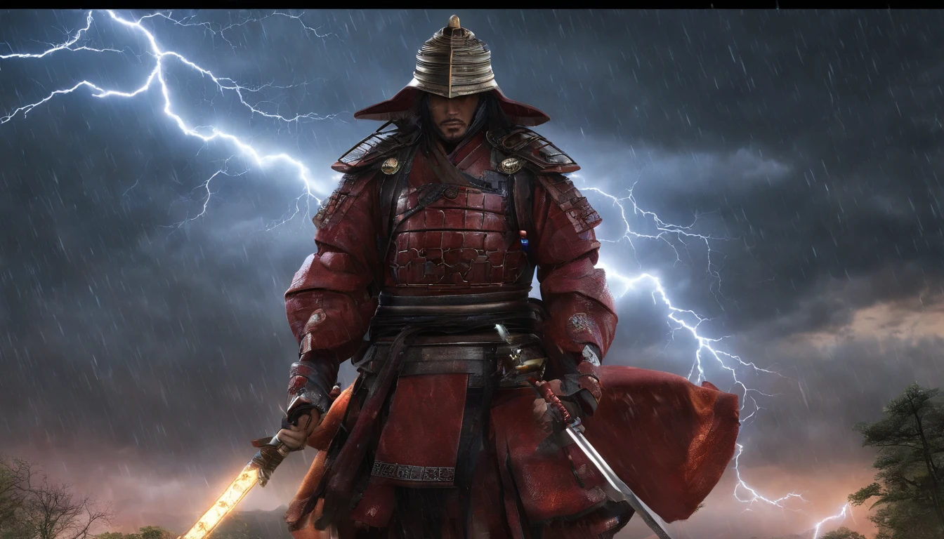 (Best quality,4K,8K,A high resolution,Masterpiece:1.2),Ultra-detailed,(Realistic,Photorealistic,photo-realistic:1.37),Raiden general,(Electrical components:1.1,Lightning element:1.15),Beautiful detailed eyes,(traditional,Japanese-style:1.1) Armor,thunderstorm,(Looming,overwhelming:1.15) Presence,Amazing detail armor,(Crack sound,electric:1.1) Aura,Immerse yourself in nature,Soaked in the rain,(mistic,Otherworldly:1.1) atmosphere,(Majestic,Magnificent:1.1) landscape,The thunderbolt hit the ground,Sparkling raindrops,Standing Shogun Raiden,(Powerful,Strong:1.1) Posture,(Fierce,Determined:1.1) expression,Electricity dances in the air,beautiful detailed lips,Lightning illuminates the landscape,Subtle reflections on wet surfaces,(serene,tranquil:1.1) ambiance,The sublime beauty of nature,Crimson sunset,ethereal glowing,An artistic interpretation of Japanese legends,Raiden Shogun harnesses the power of lightning and nature in the mythical world.