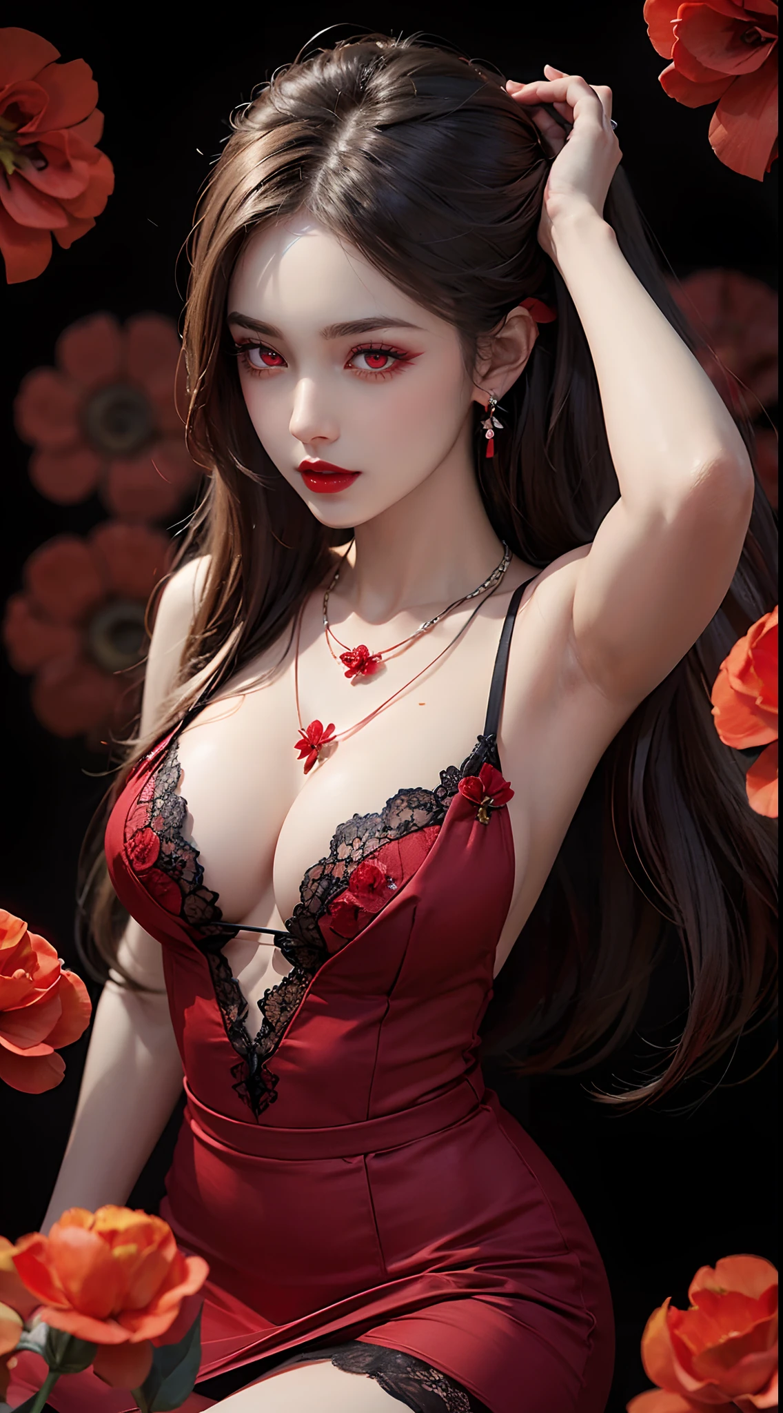 1 beautiful and attractive 20 year old girl, ((wearing an ultra-thin red dress with diamonds: 1.8)), ((long platinum hair: 1.6)), bangs, elaborate jewelry made from noble stones and beautiful hair, ( ( wearing a black lace necklace:1.4))), noble, aristocratic style of an extremely beautiful girl, super cute little face, very pretty face, thin eyebrows, beautiful face, flawless, ((black eye pupils: 0.8))), very pleasing to the eyes, ((light red eyes: 1.5)), beautiful makeup and hair, detailed eyelashes, eye makeup wet, high nose, earrings, red lips, ((closed mouth: 1;5 )) beautiful lips, slim hands, most beautiful thighs, rosy face, clean face, flawless beautiful face, fair skin smooth white skin, ((big breasts: 1.5)), ((high breasts: 1.6)), firm breasts, beautiful cleavage, (((big and super round: 1.8))), ((super tight breasts: 1.7 )), beautiful breasts, ((spreading shoulders: 1.5)), ((hiding 2 hands inside the skirt: 1.8)), beautiful breasts, thin black mesh stockings with black lace trim, perfect body, 8k photo , super high quality, hyper realistic, super 10x pixel, optical research, light studio, edge light, two tone light, (high detail skin: 1.2), super 8k, soft light, high quality, volumetric lighting, optical, optical high resolution, lighting, best photo, 4k, 8k quality, blur effect, smooth sharpness, 10 x pixels, ((background red flowers:1.7)), aurora, lightning, ultra-realistic graphics, the most realistic map drawing, alone, solo, extremely sharp, surreal images, girl's upper body, (((legs face-to-face capacity: 1.6)))."